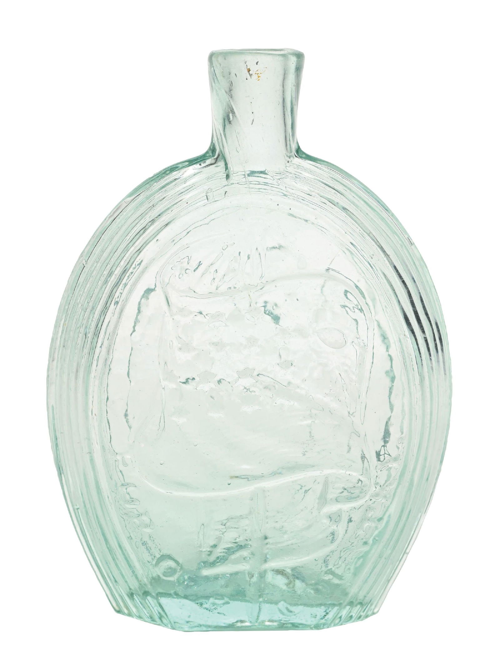AMERICAN EAGLE GLASS FLASK: Head turned left. Condition: (Excellent). Dimensions: 3 - 1/4" x 1 - 1/2" x 7".