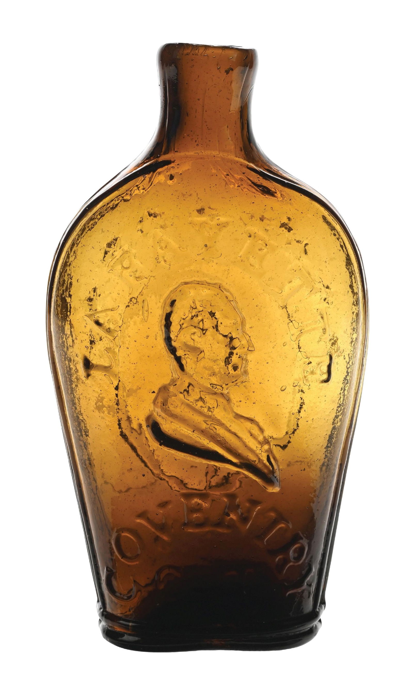 HALF PINT LAFAYETTE PORTRAIT FLASK: Beautiful half pint flask with Lafayette profile facing right. Back has cap on pole. Beautiful light amber. Condition: (Excellent). Dimensions: 2 - 1/4" x 1 - 1/2" x 6 - 1/4".