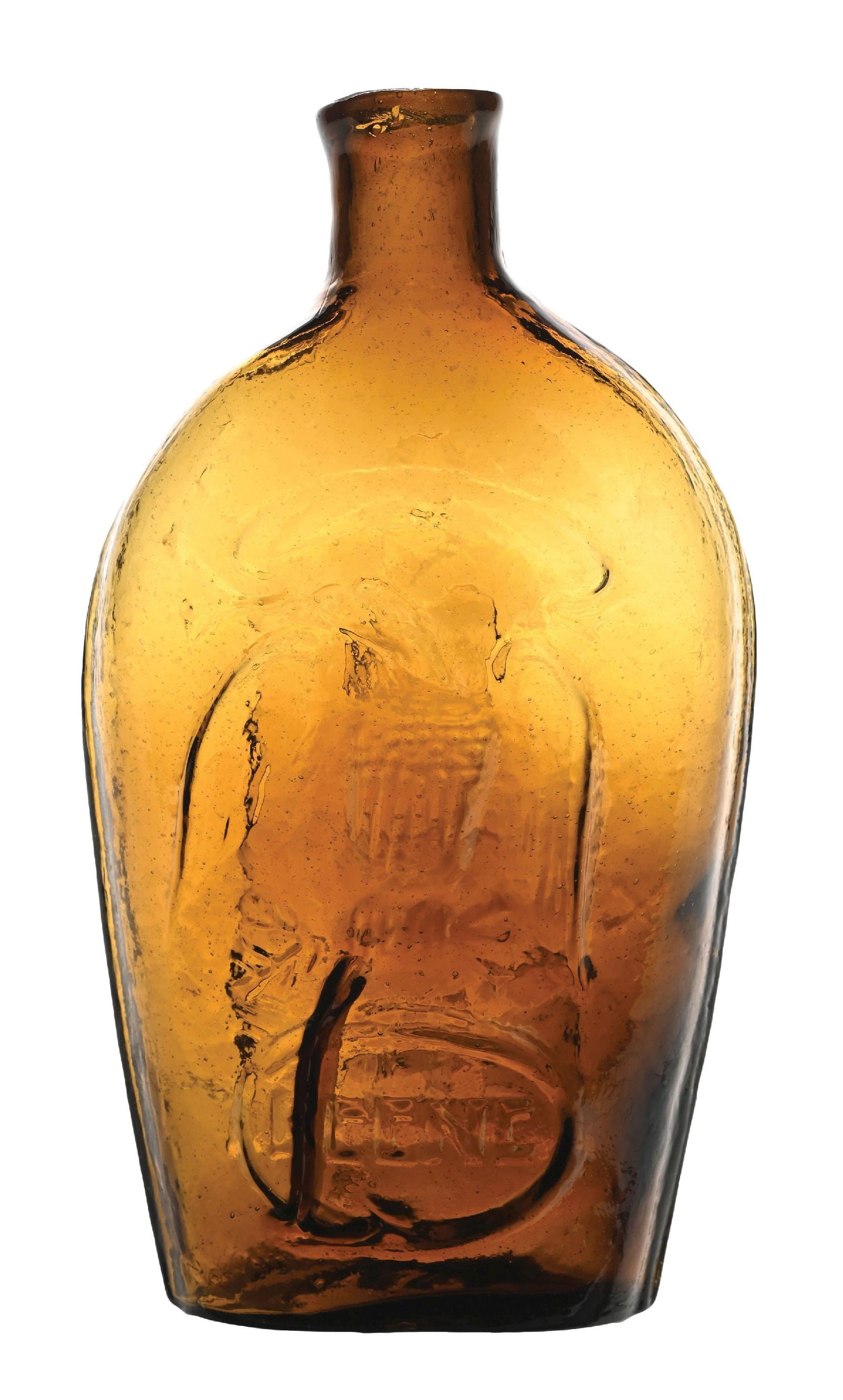 KEENE MASONIC EAGLE PINT FLASK: Condition: (Excellent). Dimensions: 3" x 1 - 1/2" x 7 - 3/4".