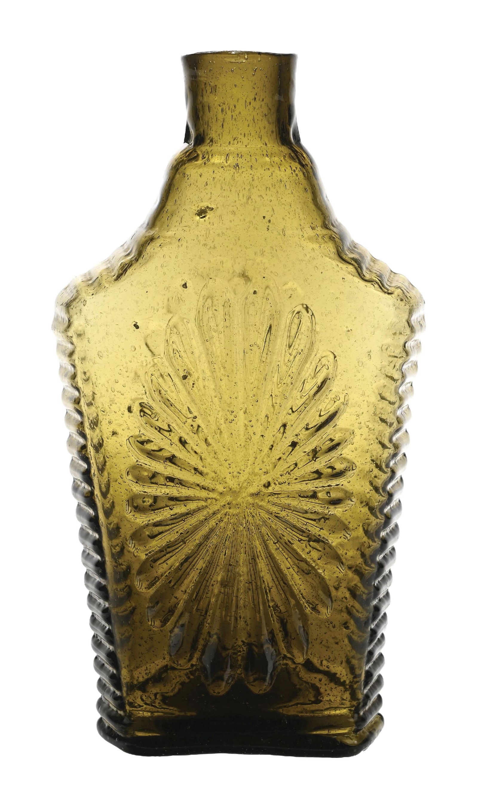 LARGE PINT ELLIPTICAL SUNBURST FLASK: Beautiful Sunburst large pint elliptical flask. 24 rays. No concentric rings at center. Deep emerald green. New England Comparatively. Rare. Condition: (Excellent). Dimensions: 3" x 1 - 3/4" x 7 - 1/2