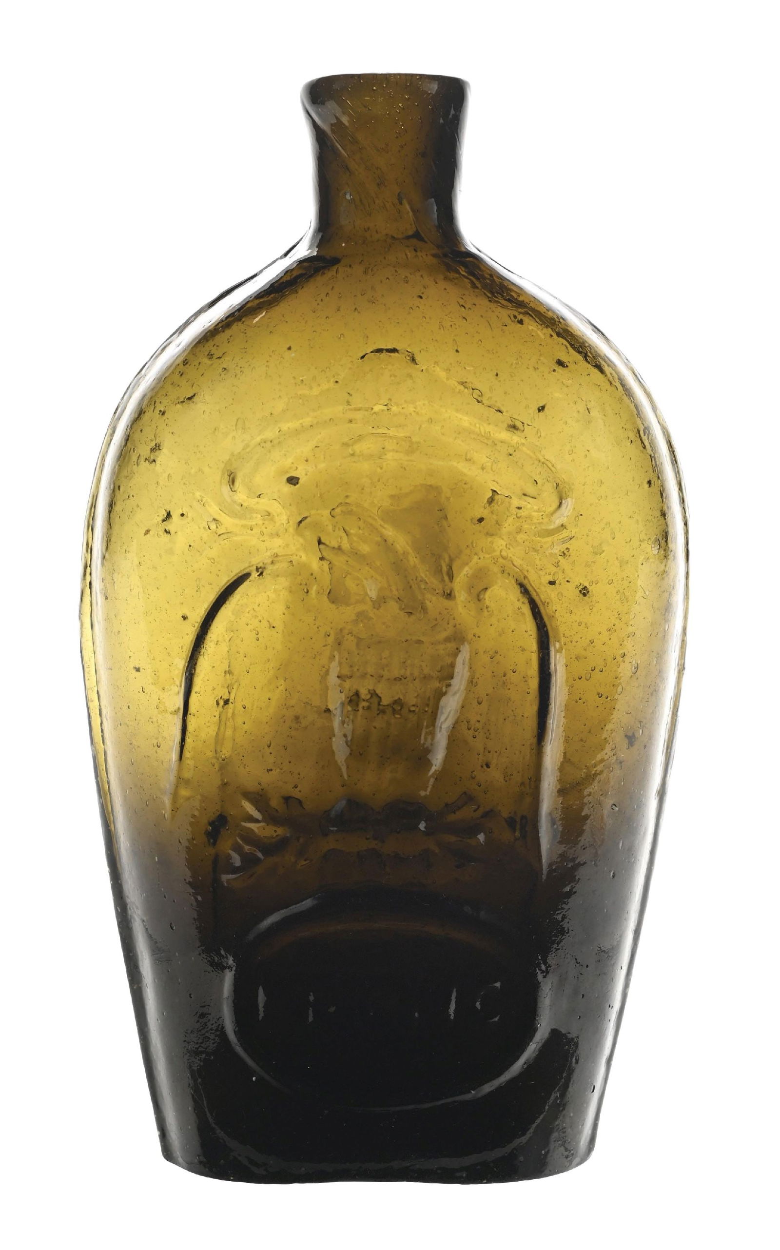 OLIVE GREEN KEENE MASONIC EAGLE PINT FLASK: Beautiful olive green. Pint. Keene in oval. Condition: (Excellent). Dimensions: 3" x 1 - 1/2" x 7".