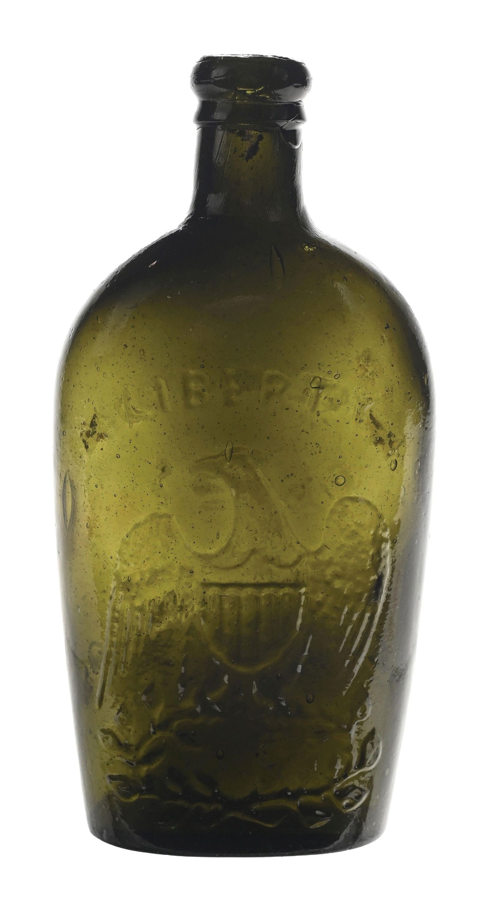 WILLINGTON GLASS CO. TOOLED WITH EAGLE HALF-PINT FLASK: Half-pint. Dark olive green. Condition: (Excellent). Dimensions: 2 - 1/2" x 1 - 3/4" x 6 - 1/4".