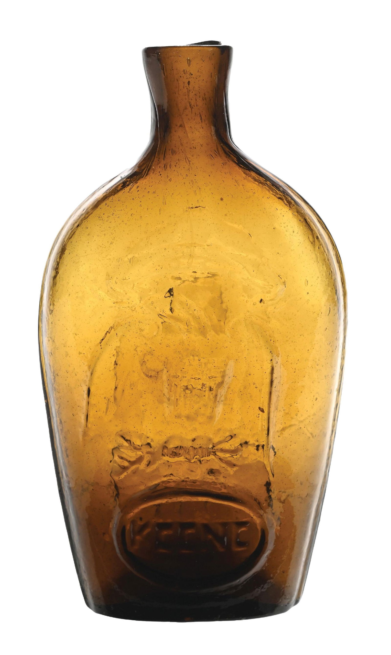 KEENE MASONIC EAGLE HALF-PINT FLASK: Condition: (Excellent). Dimensions: 3" x 1 - 1/2" x 8".