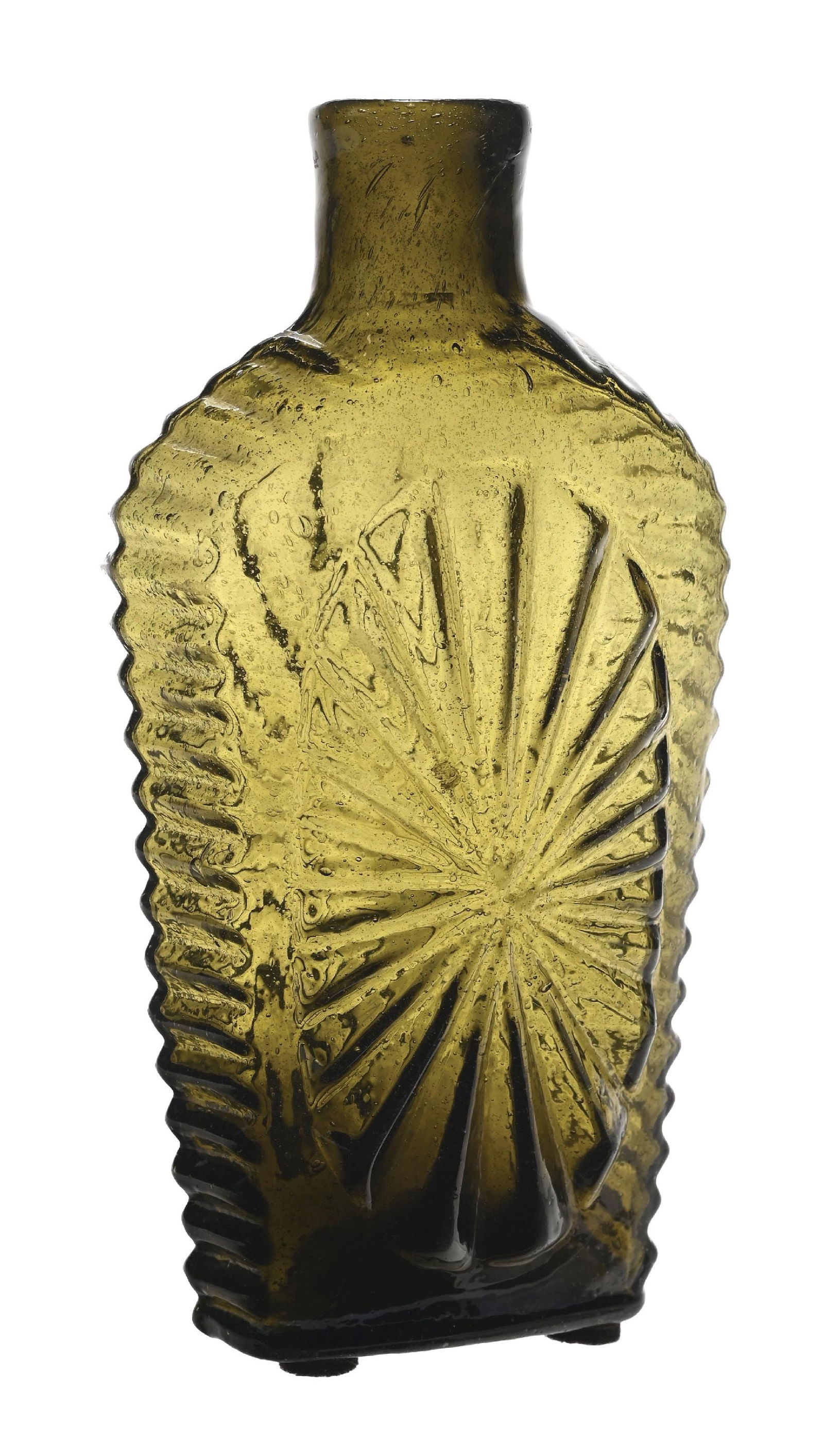 HALF-PINT SUNBURST FLASK: 21 rays. Shoulders are rounded. Scarce olive green. Condition: (Excellent). Dimensions: 2" x 1 - 1/2" x 6".