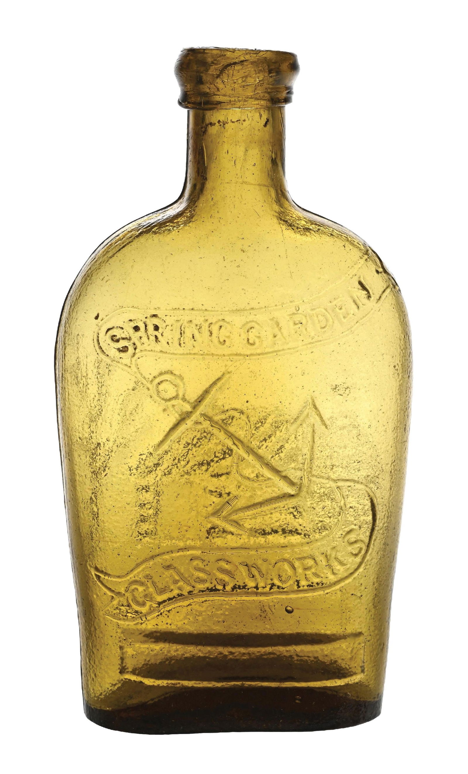 AMBER LIGHT YELLOW SPRING GARDEN FLASK: Rare color. Picture of cabin with tree. Beautiful color. Condition: (Excellent). Dimensions: 3" x 1 - 1/2" x 6".