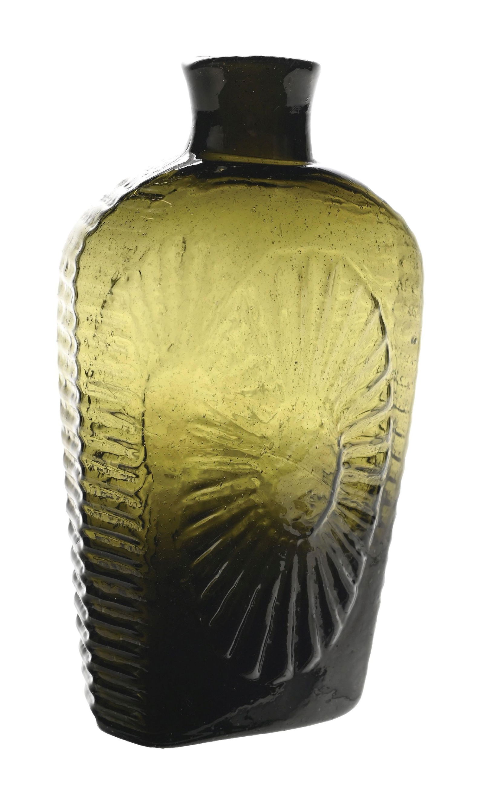 SUNBURST HALF-PINT FLASK: Olive green. No sloping or raised shoulders. Condition: (Excellent). Dimensions: 2 - 1/2" x 1 - 1/2" x 5 - 1/2".