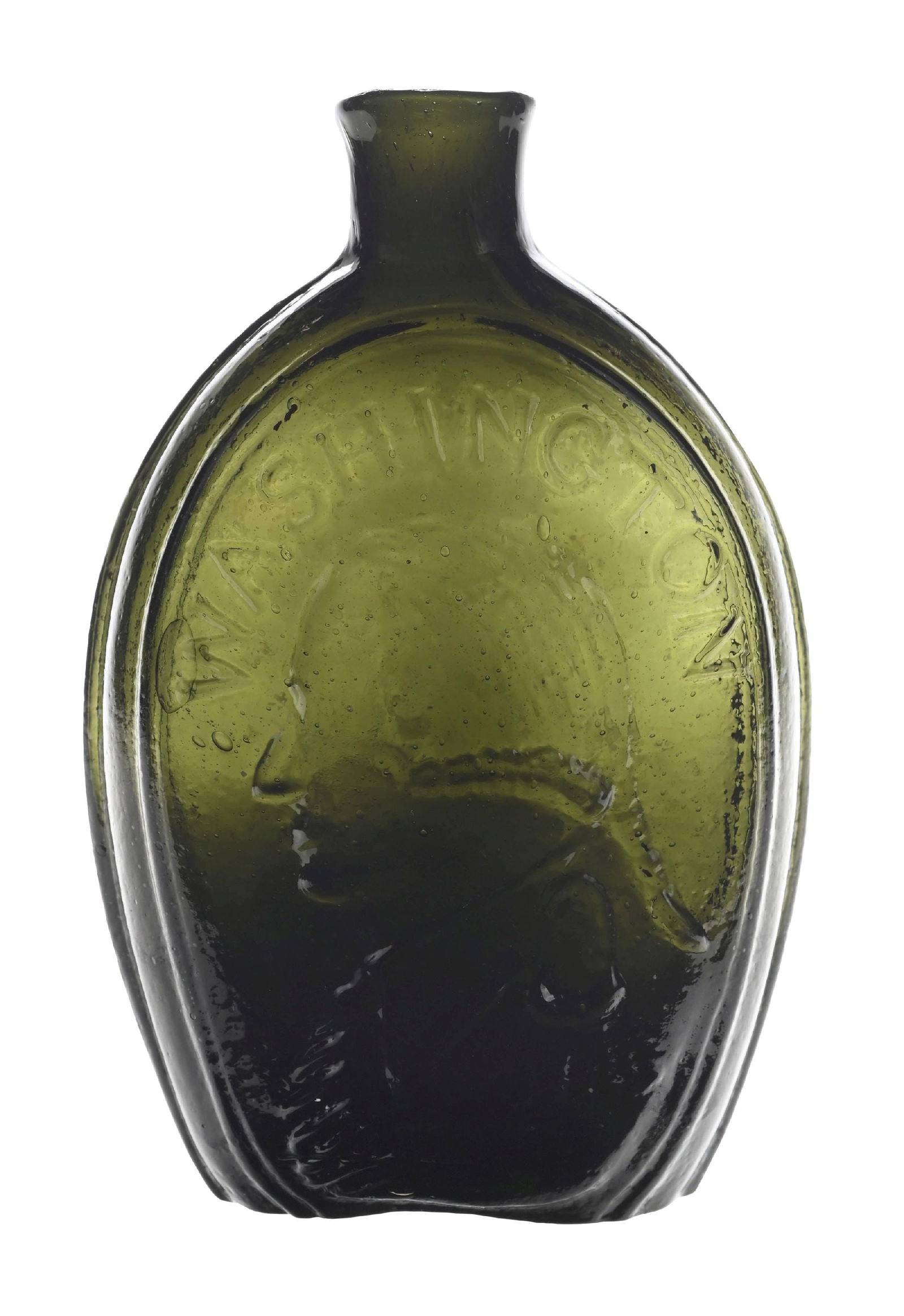 WASHINGTON - JACKSON OLIVE GREEN PINT FLASK: Washington facing left and Jackson facing right on other side. Strong embossing. Olive green. Condition: (Excellent). Dimensions: 3" x 2" x 7".