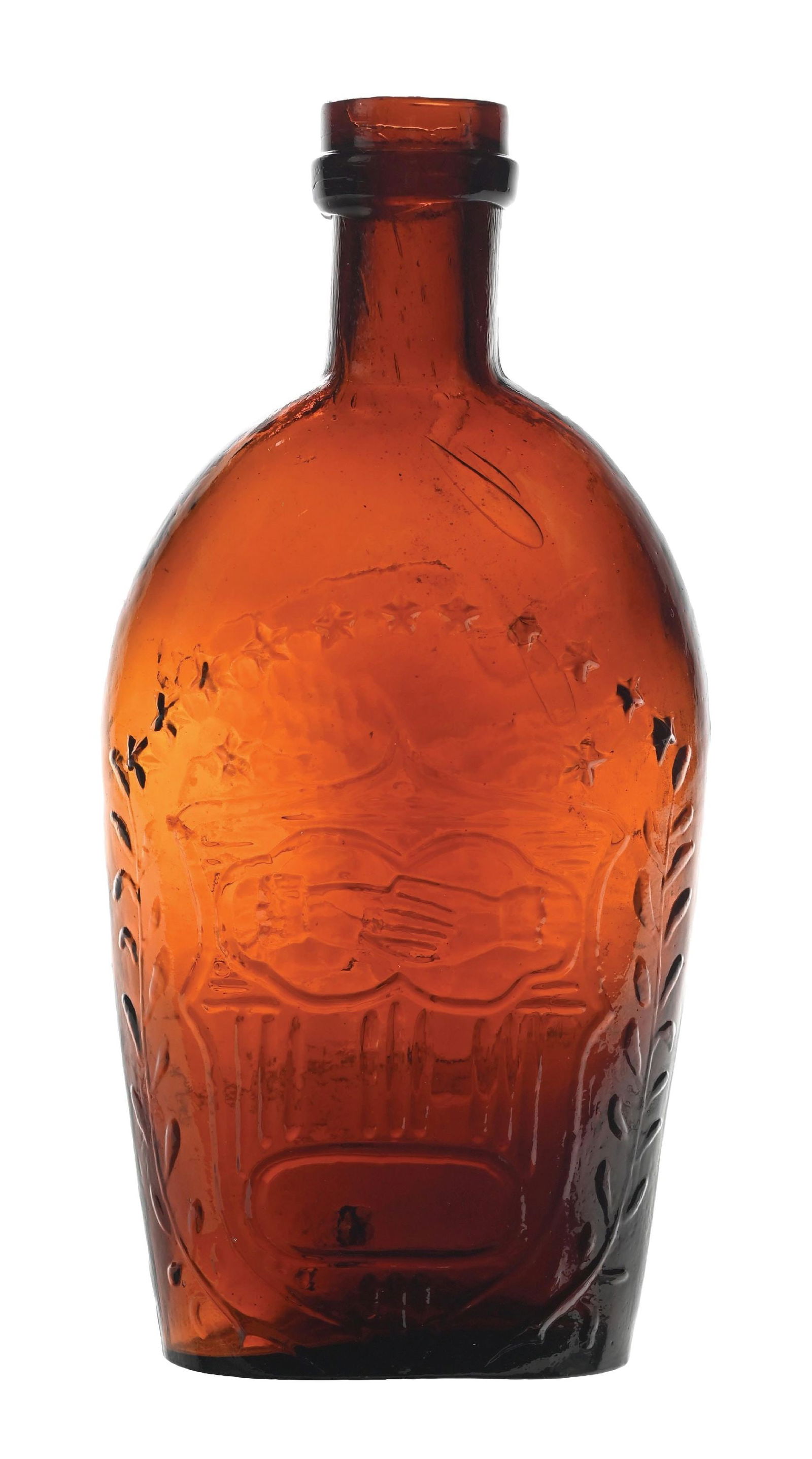 RARE COLOR UNION CLASPED HANDS EAGLE HALF-PINT FLASK: Condition: (Excellent). Dimensions: 2 - 1/4" x 1 - 1/4" x 6 - 3/4".