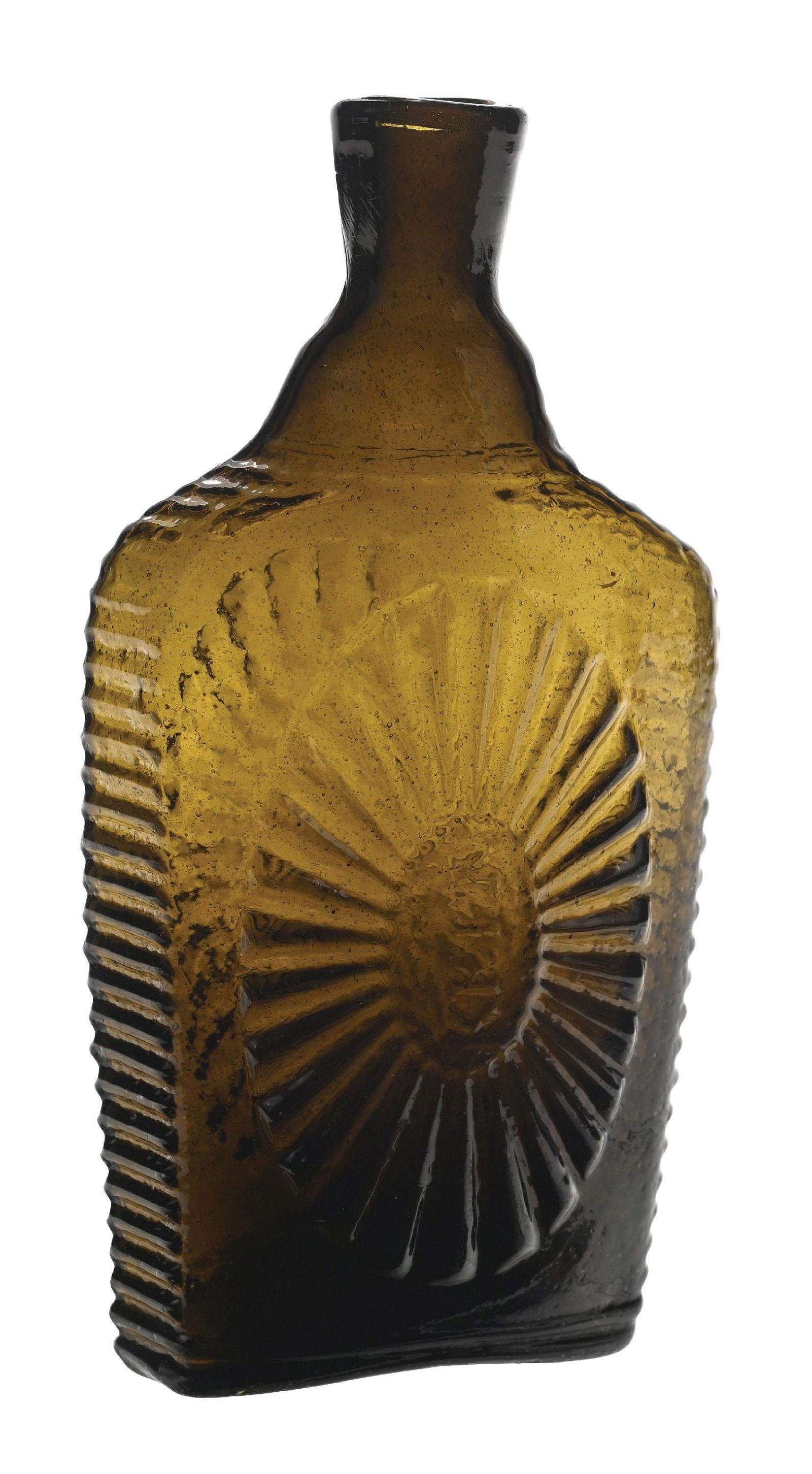 GREEN OLIVE SUNBURST PINT FLASK: 28 rays. Beautiful color. Condition: (Excellent). Dimensions: 3 - 1/4" x 2" x 8".