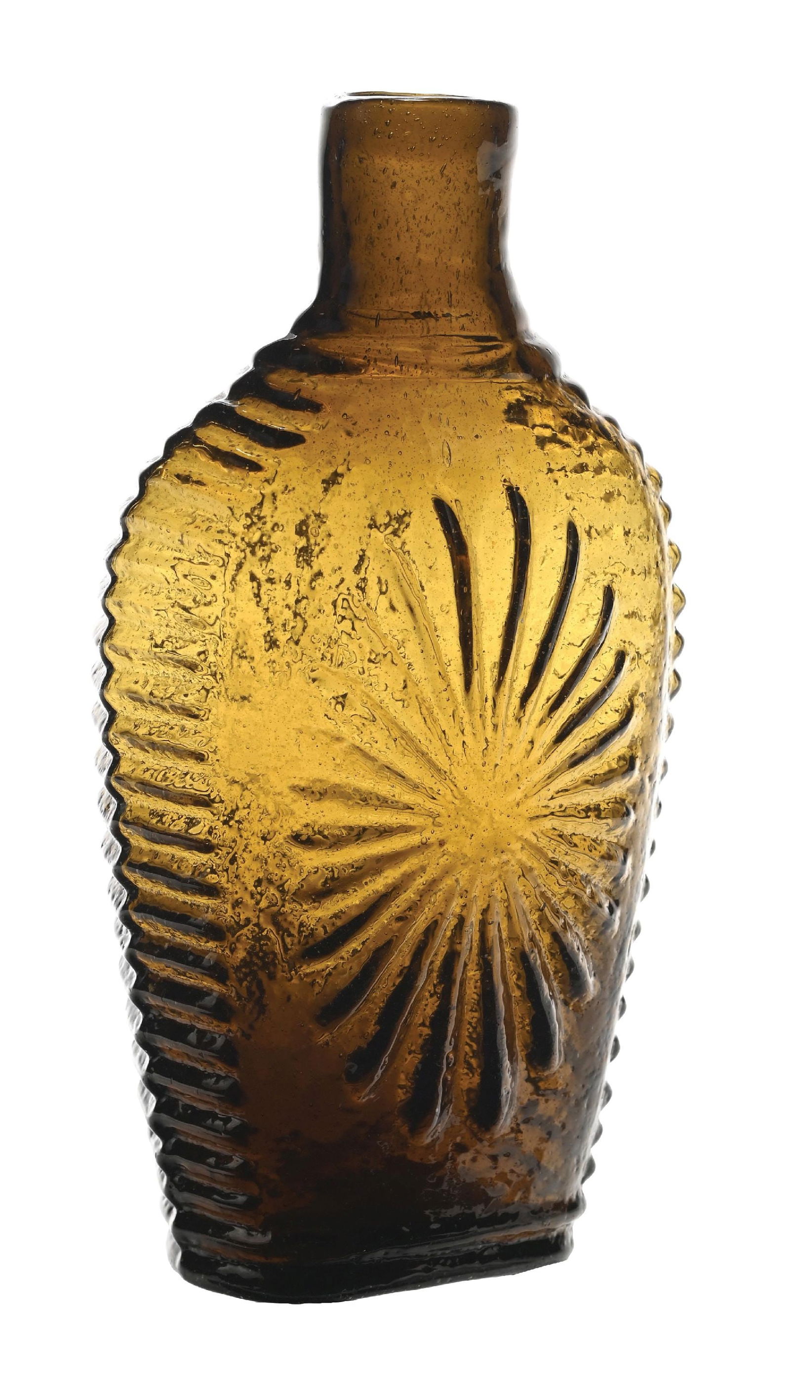 STANDARD HALF-PINT SUNBURST FLASK: Condition: (Excellent). Dimensions: 2 - 1/4" x 1 - 1/2" x 6 - 1/2".