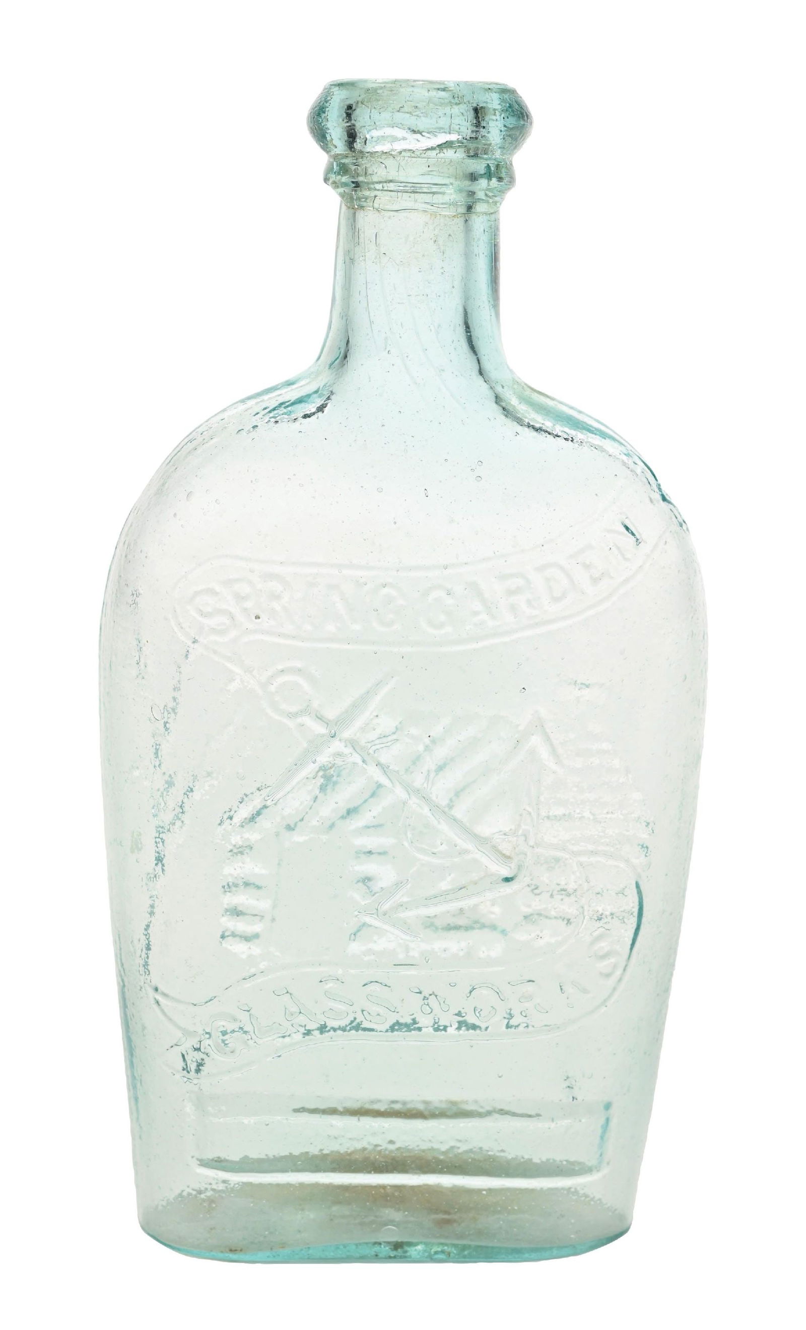 SPRING GARDEN HALF-PINT FLASK: Nice aquamarine color. Condition: (Excellent). Dimensions: 2 - 3/4" x 1 - 1/2" x 6 - 1/4".