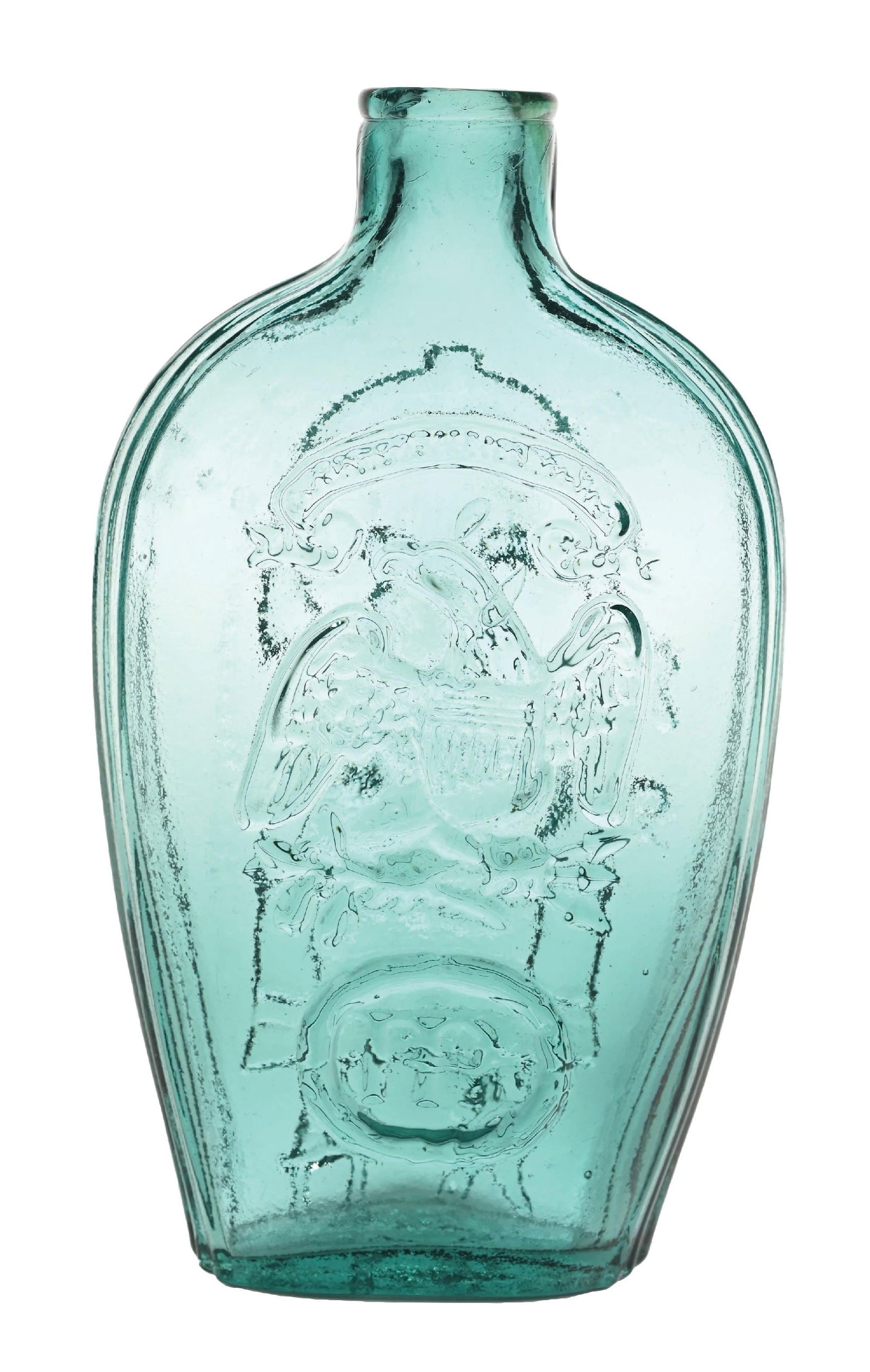 MASONIC SEA TURQUOISE PINT FLASK: Beautiful turquoise green color. Back has American eagle with head turned to left. HP in oval. Condition: (Excellent). Dimensions: 3" x 1 - 3/4" x 7 - 1/2".