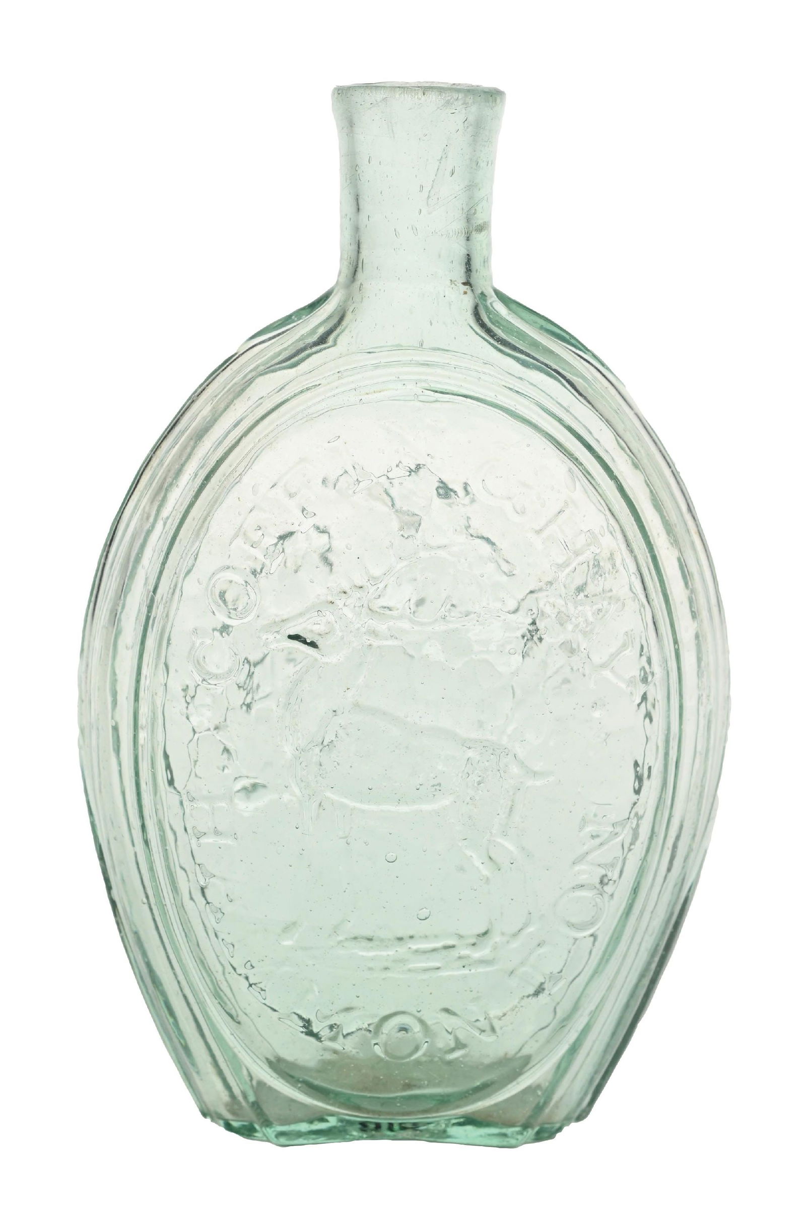 COFFIN & HAY HAMMONTON FLASK: Hammonton, NJ. American eagle with head turned to right. Shield with 7 vertical and 3 horizontal bars on eagle's breast. 6 arrows in eagles right talon. Olive branch in left talon. Stag with antlers