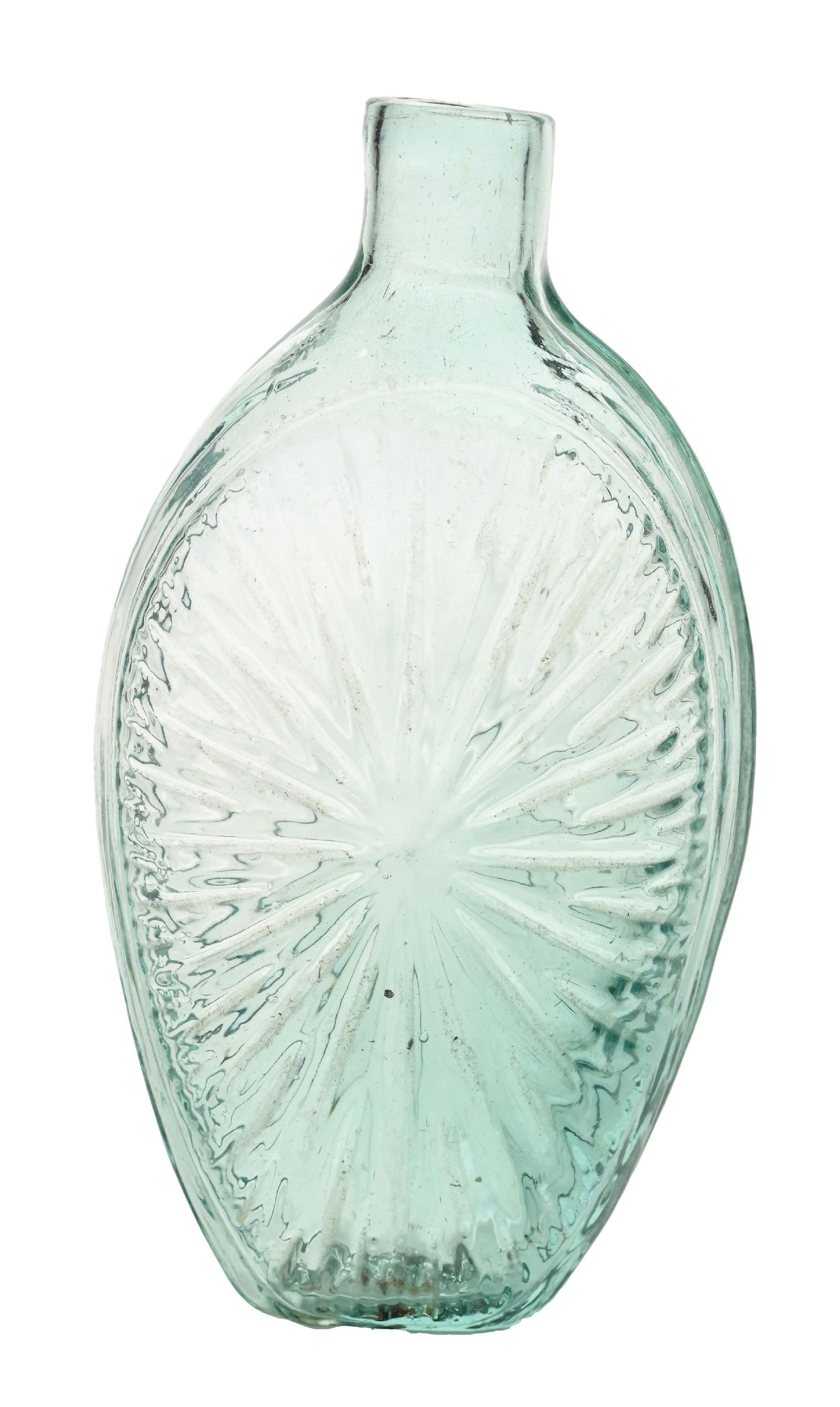 LIGHT GREEN ELONGATED SUNBURST FLASK: 16 rays. Beautiful light green color. Condition: (Excellent) Dimensions: 2" x 1" x 7".