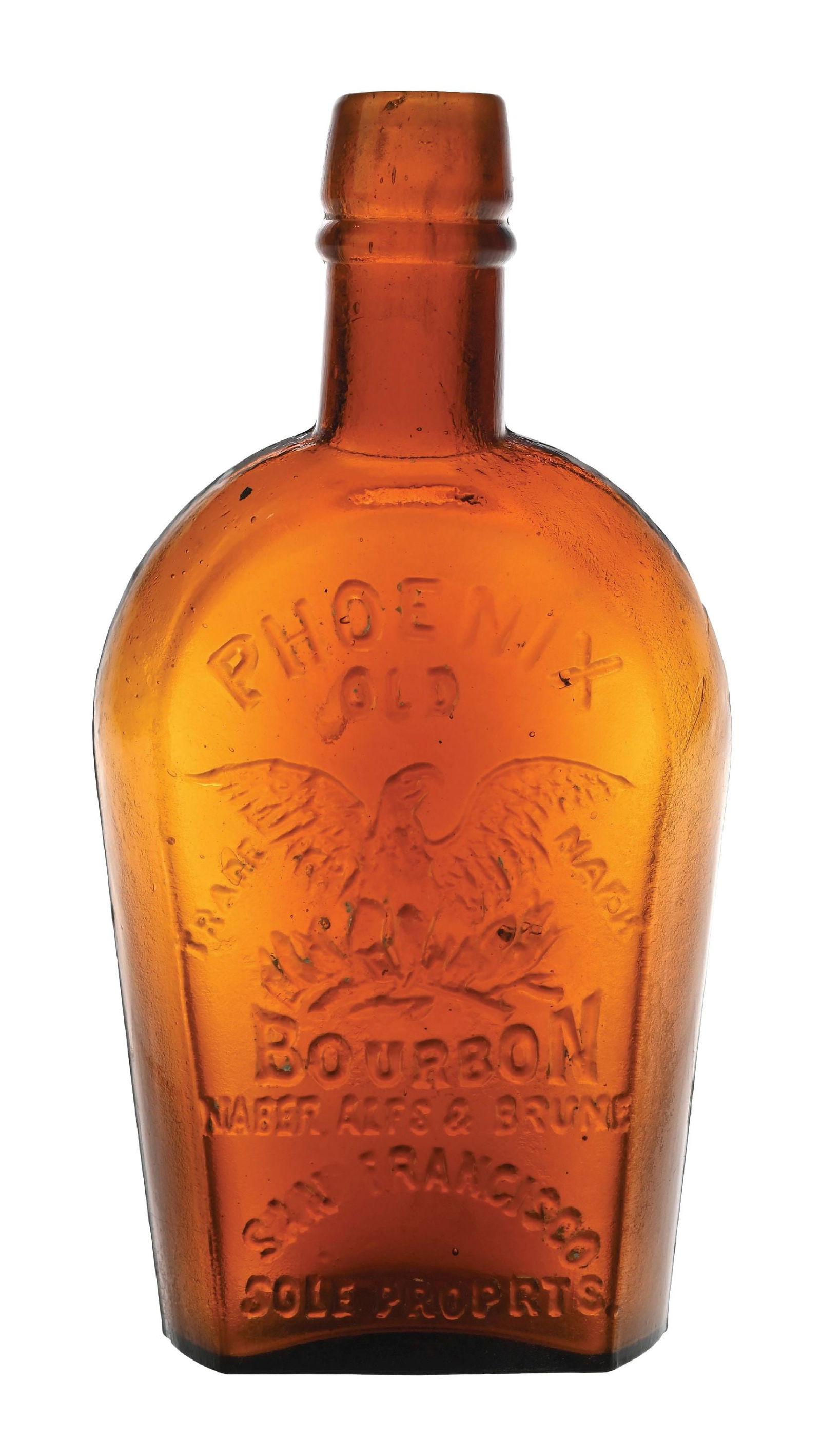OLD BOURBON PHOENIX HALF-PINT WESTERN FLASK: Trade mark picture of eagle with spread wings. San Francisco. Condition: (Excellent) Dimensions: 2 - 1/2" x 1 - 1/4" x 6 - 1/4".