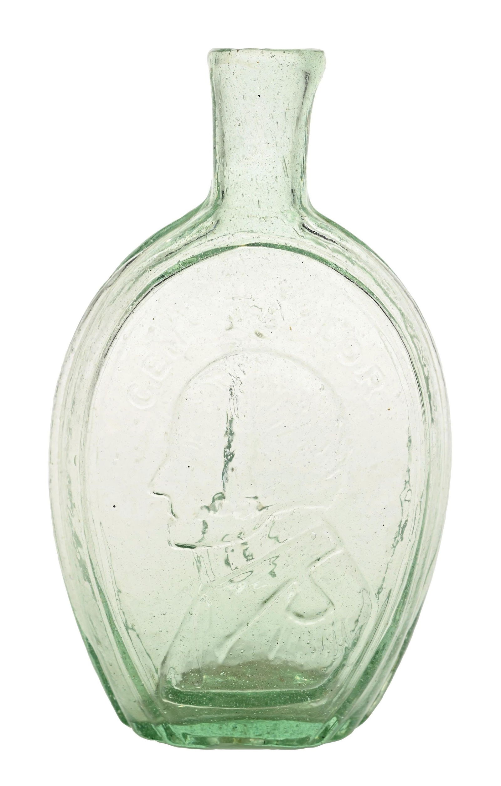 GENERAL TAYLOR FELLS POING BALTO FLASK: Pint. Baltimore Glass Works. Donald Putterman collection. Condition: (Excellent) Dimensions: 2 - 1/2" x 1 - 3/4" x 7 - 1/2".