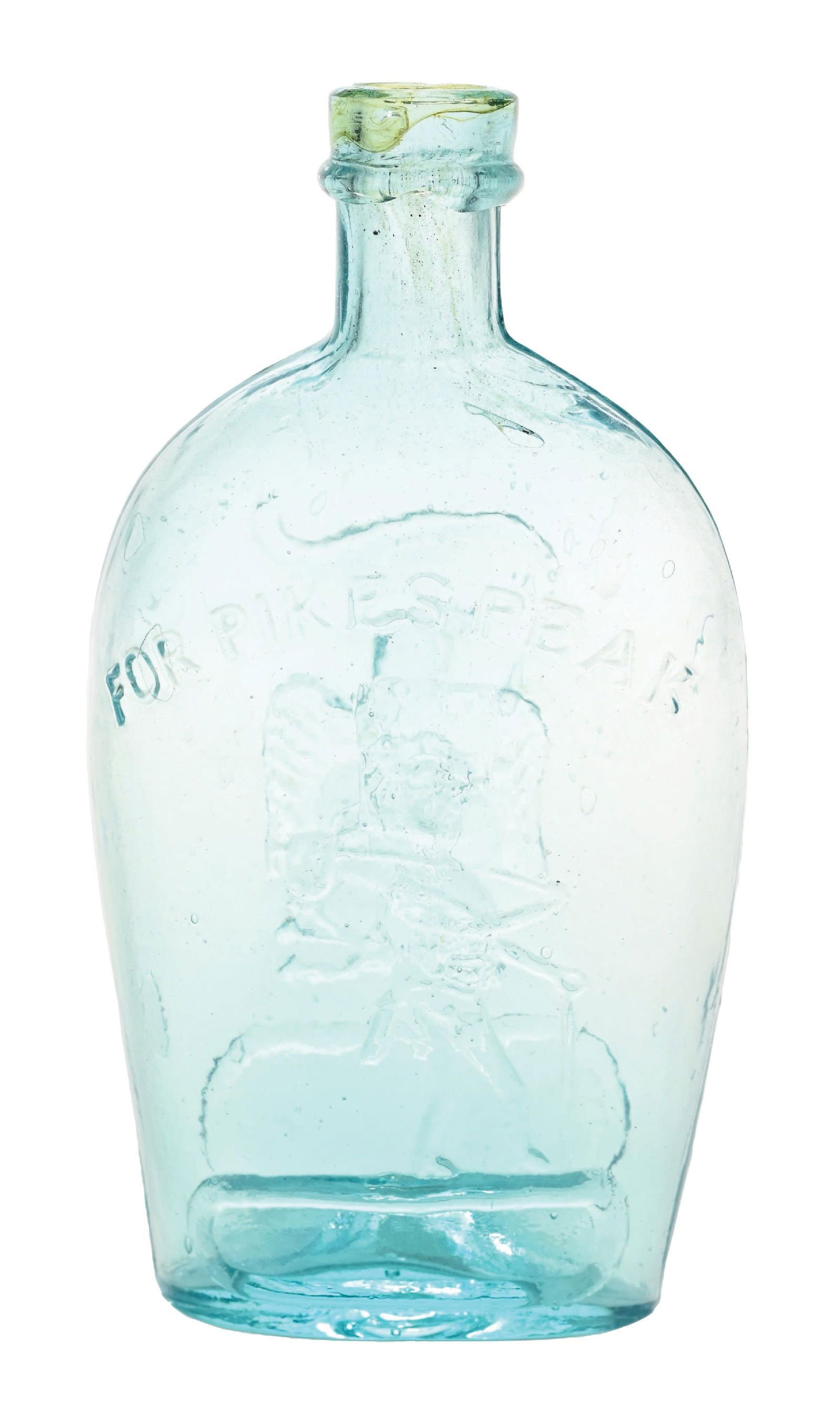 PIKES PEAK CLEAR QUART FLASK: Prospector looking left carrying pick with. OLD RYE eagle on back. Pittsburgh PA on bottom. Condition: (Excellent) Dimensions: 3" x 1 - 1/2" x 8".