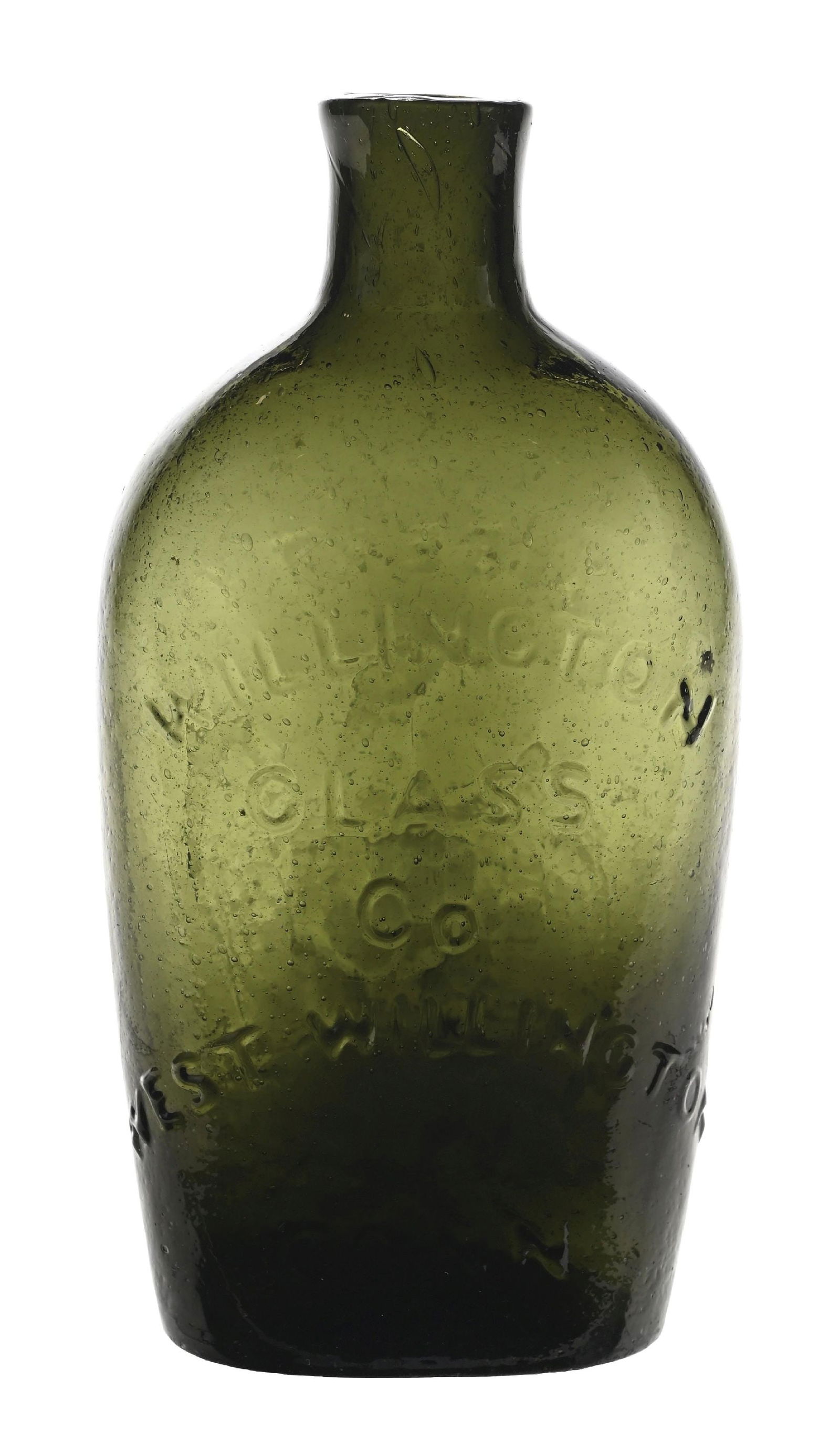 EAGLE WILLINGTON GLASS CO. FLASK: Dark olive green. Early finish. Condition: (Excellent) Dimensions: 2 - 1/2" x 1 - 3/4" x 6".