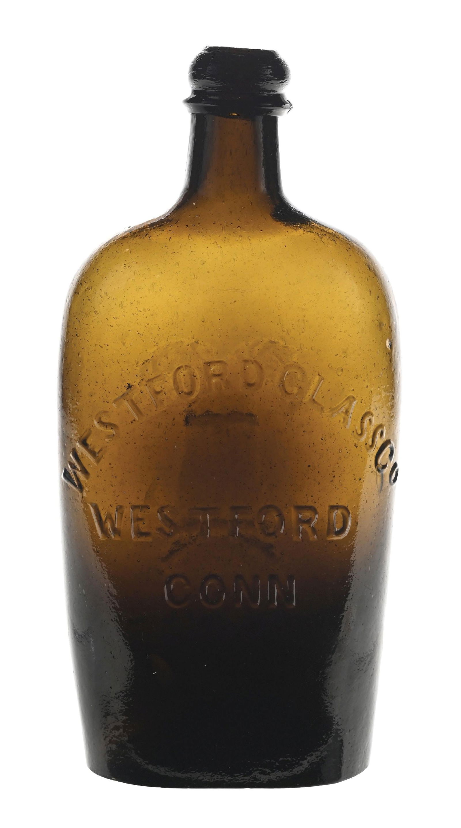 WESTFORD GLASS CO. AMBER FLASK WITH WHEAT: Nice amber color. Condition: (Excellent) Dimensions: 3" x 2" x 7 - 1/2".