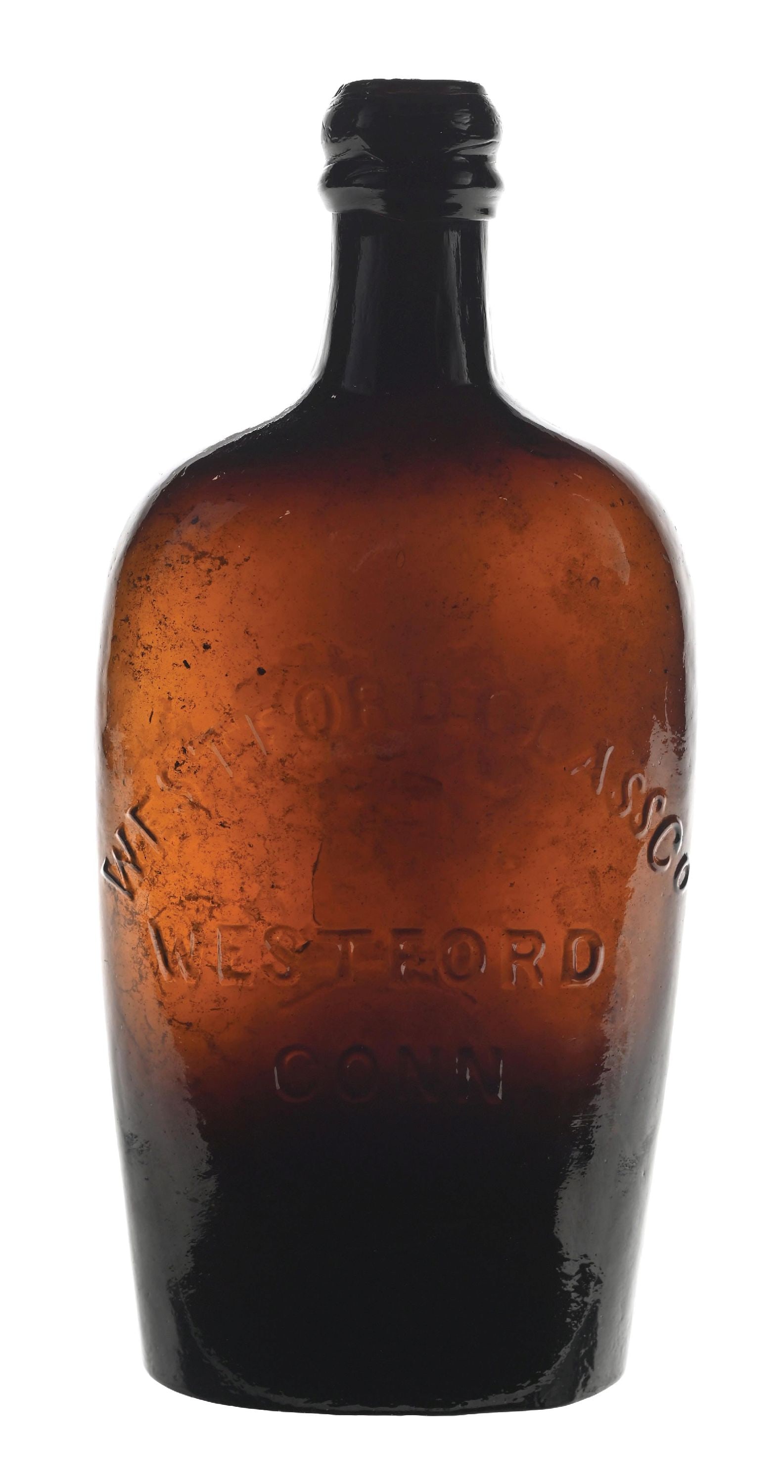 WESTFORD GLASS CO. RED AMBER FLASK WITH WHEAT: Nice red amber color. Condition: (Excellent) Dimensions: 3" x 2" x 8 - 1/2".