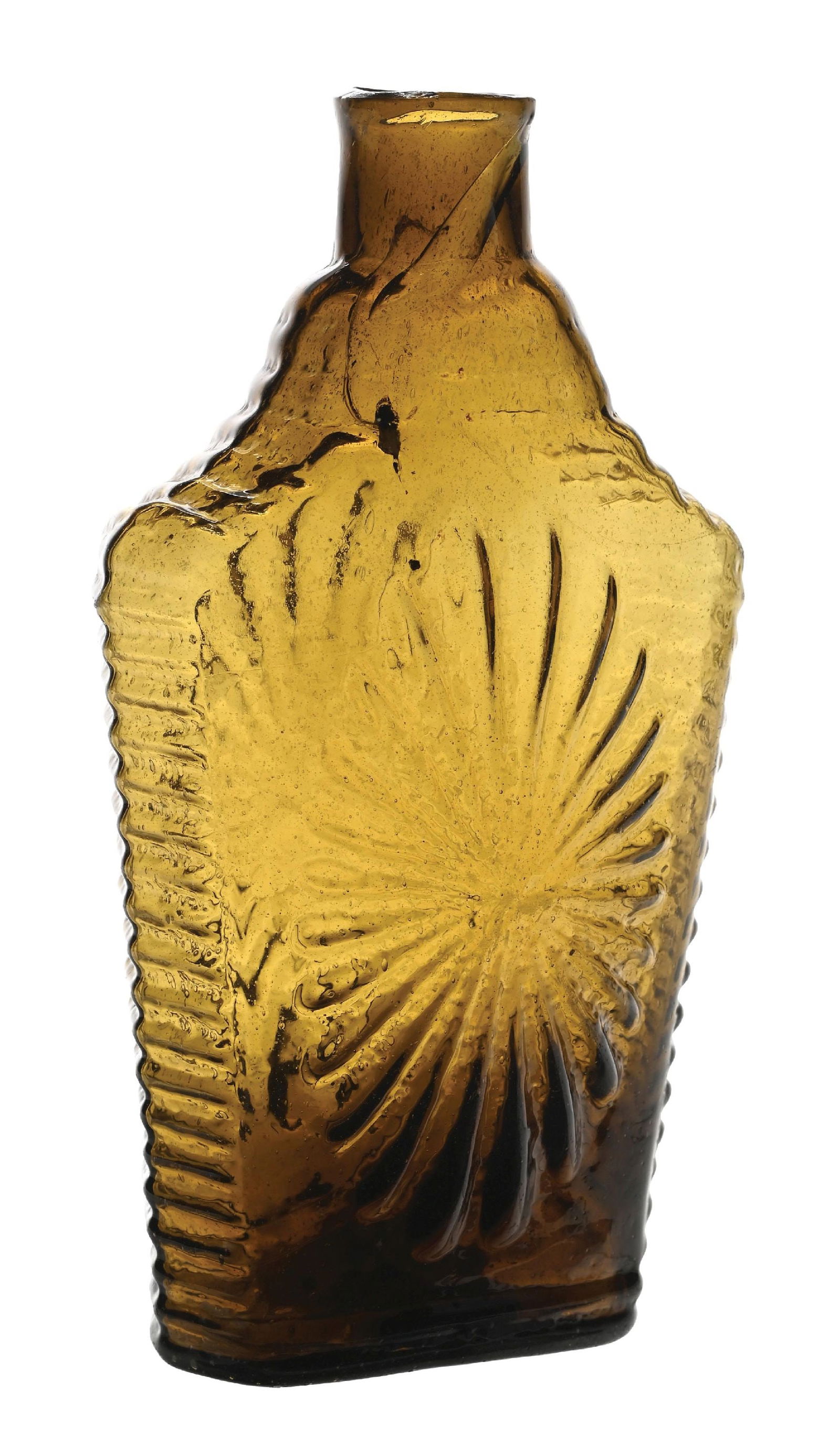 LARGE ELLIPTICAL SUNBURST FLASK: Condition: (Excellent) Dimensions: 3" x 1 - 3/4" x 7 - 1/2".