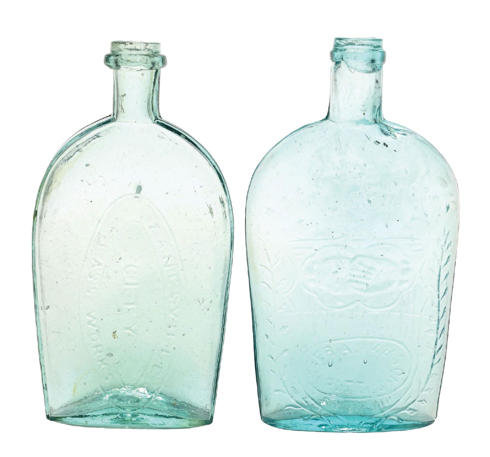 COLLECTION OF 2: WM FRANK UNION CLASP HANDS FLASK & ZANESVILLE CITY GLASSWORKS FLASK: Condition: (Excellent) Dimensions: Each: 3 - 1/2" x 1 - 1/2" x 8".