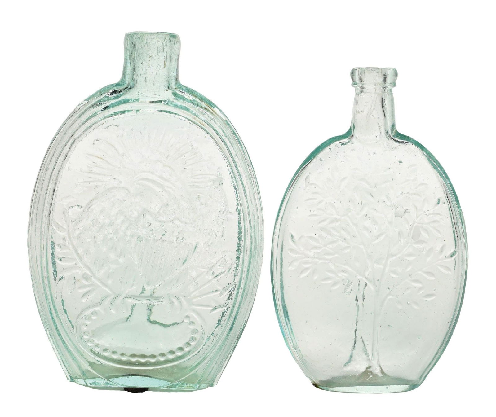 COLLECTION OF 2: CLEAR SUMMER TREE FLASKS: Condition: (Excellent) Dimensions: Largest: 3" x 1- 1/2" x 7".