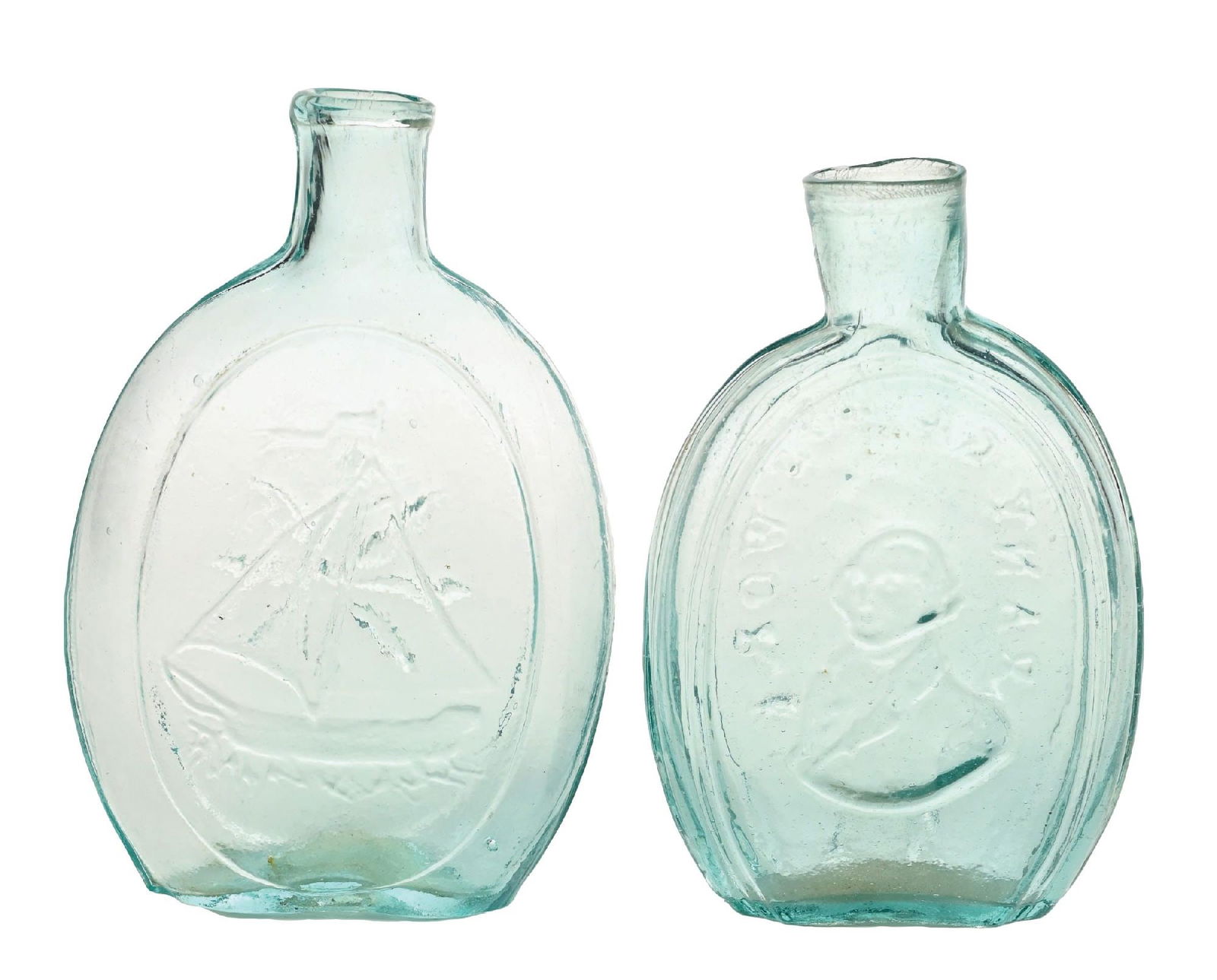 COLLECTION OF 2: SAILBOAT PENNANT FLYING & ALBANY GLASS WORKS FLASKS: Condition: (Excellent) Dimensions: Largest: 2 - 1/2" x 1 - 1/4" x 6".