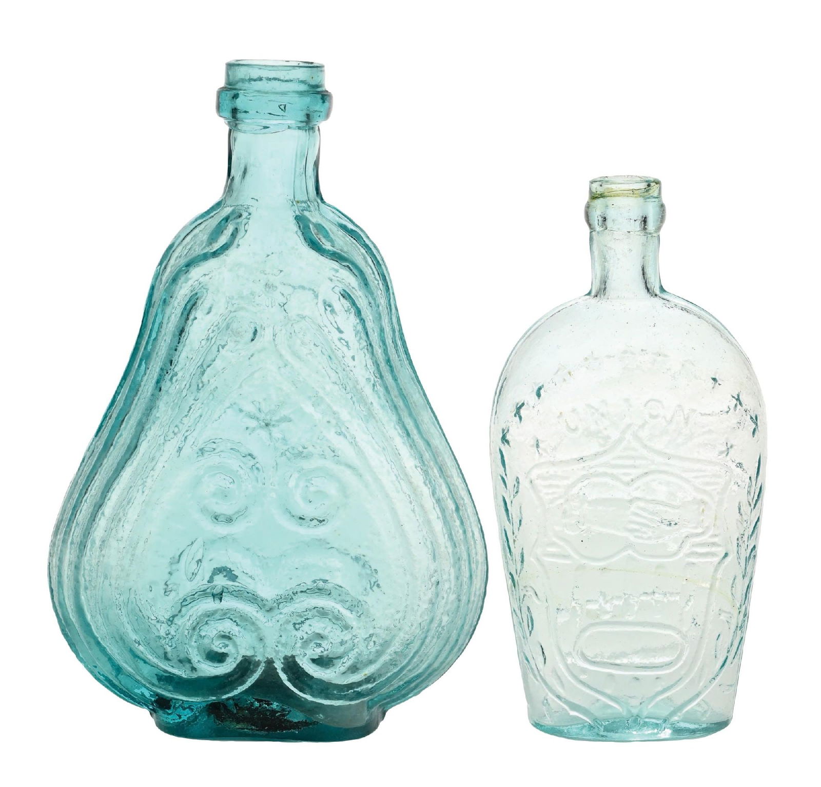 COLLECTION OF 2: AQUA BLUE SCROLL FLASK & UNION CLASP HANDS HALF-PINT FLASK: Condition: (Excellent) Dimensions: Largest: 2 - 3/4" x 1 - 3/4" x 7 - 1/2".