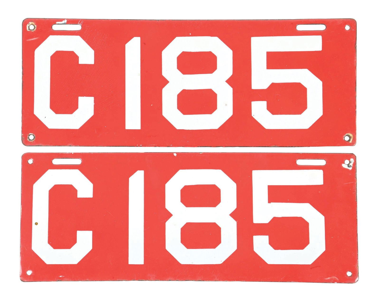 COLLECTION OF 2: C185 MATCHING PORCELAIN LICENSE PLATES (1 of 3)