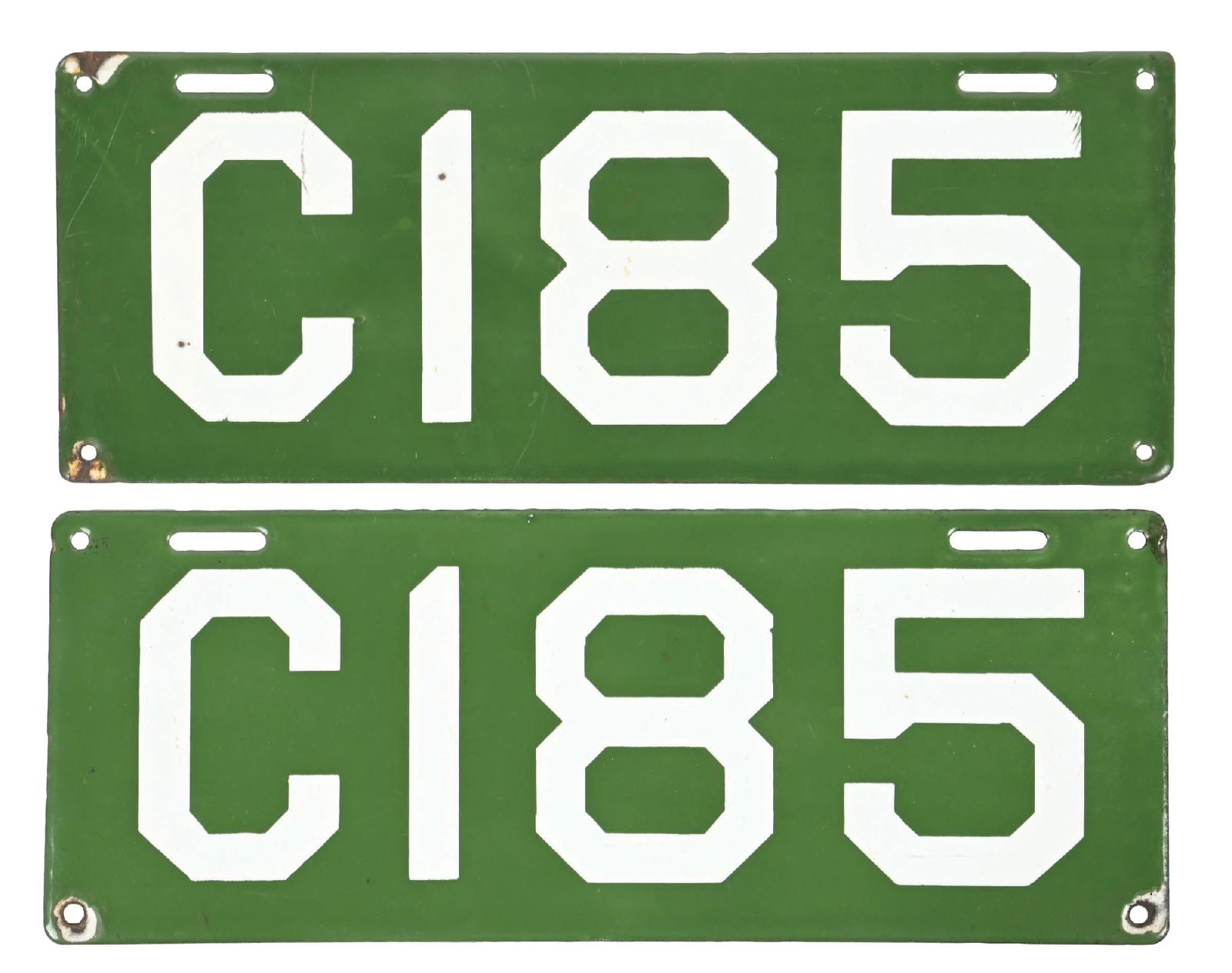 COLLECTION OF 2: C185 MATCHING PORCELAIN LICENSE PLATES: SSP. Maker marked Ingram Richardson. Matching Pair of Porcelain License Plates showing C185. CONDITION: Excellent original condition, showing only light wear in the fields. Minor chipping at the mount