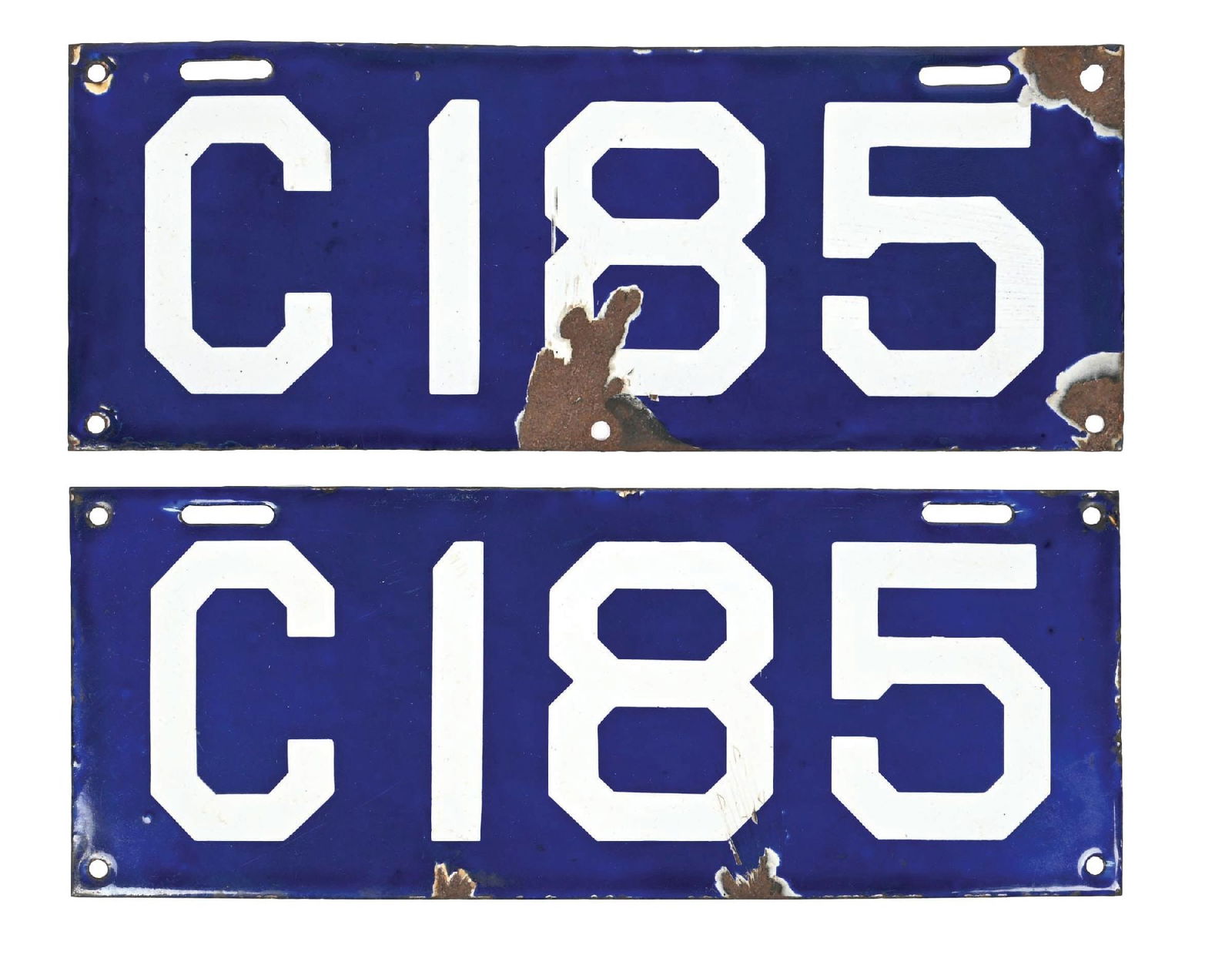 COLLECTION OF 2: C185 MATCHING PORCELAIN LICENSE PLATES (1 of 2)