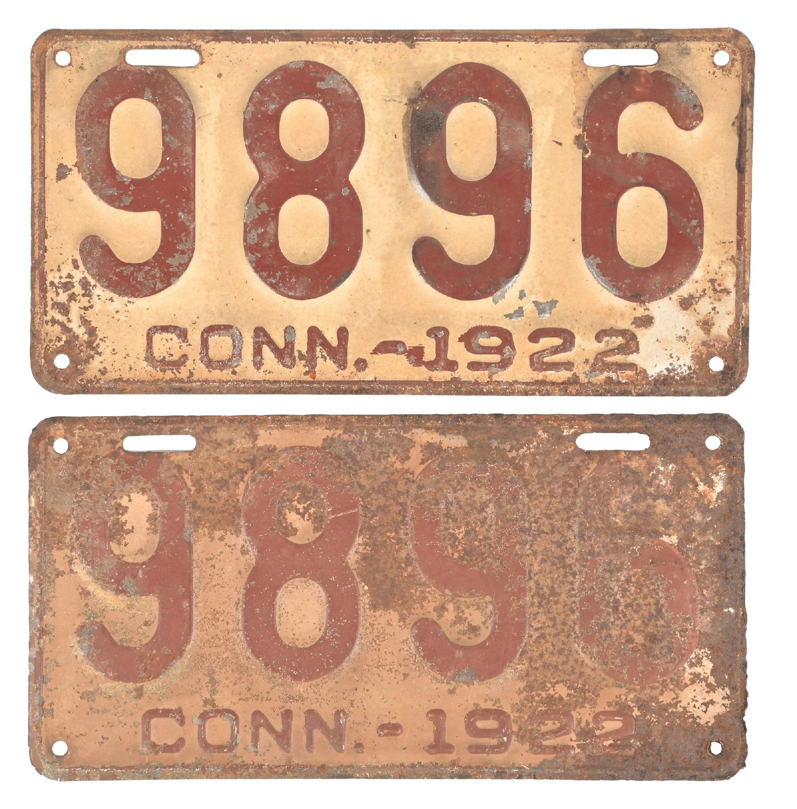 COLLECTION OF 2: 9896 CONN. - 1922 EMBOSSED TIN LICENSE PLATES (1 of 2)