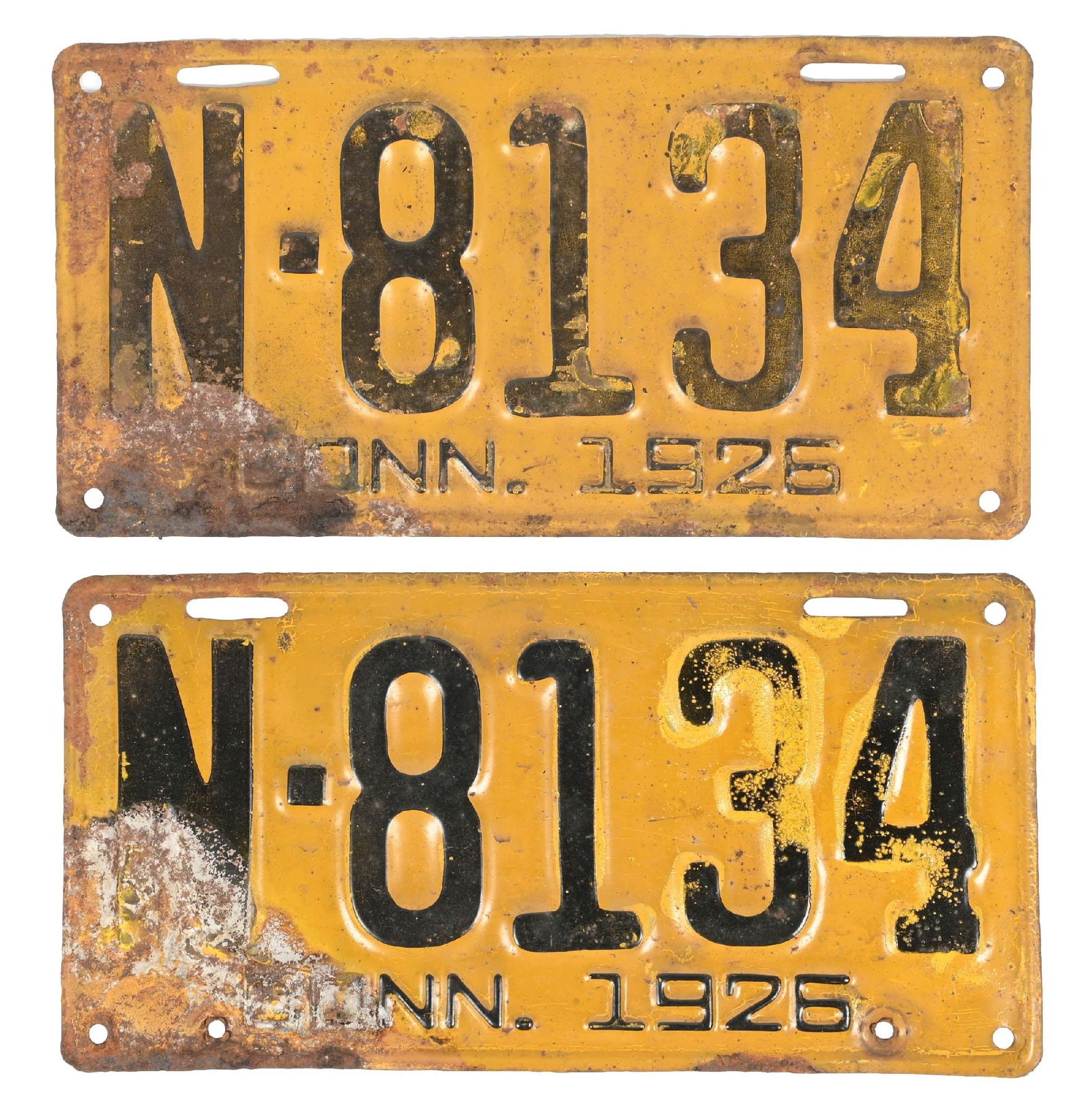 COLLECTION OF 2: N-8134 CONN. 1926 EMBOSSED TIN MATCHING LICENSE PLATES (1 of 2)
