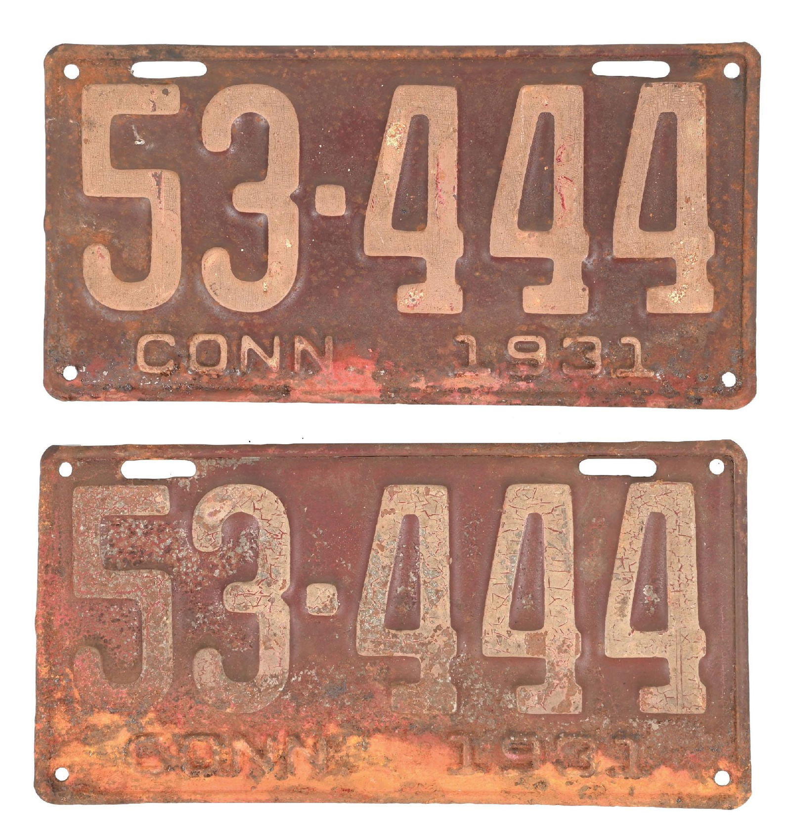 COLLECTION OF 2: 53-444 CONN. 1931 EMBOSSED TIN LICENSE PLATES: Collection Consists Of: Pair of two matching number embossed tin license plates for Connecticut 1931. CONDITION: Each in fair condition, showing general age and surface wear, as well as some surface r