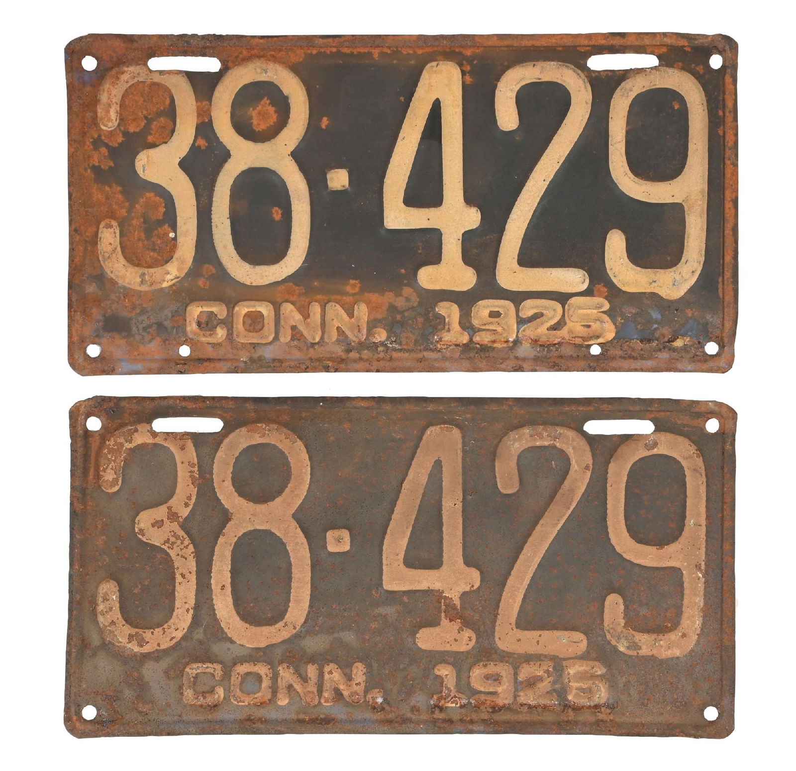 COLLECTION OF 2: 38-429 CONN. 1925 EMBOSSED TIN LICENSE PLATES (1 of 2)