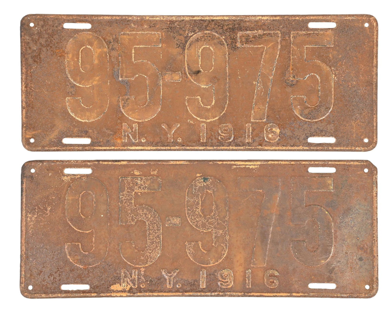 COLLECTION OF 2: 95-975 N.Y. 1916 EMBOSSED TIN LICENSE PLATES (1 of 2)