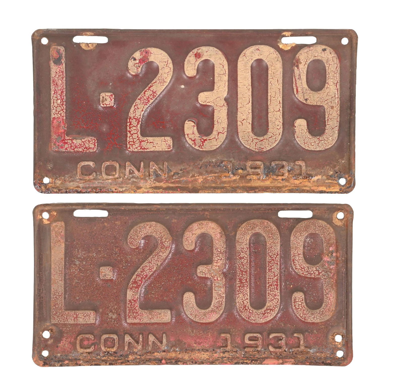 COLLECTION OF 2: L-2309 CONN. 1931 EMBOSSED TIN LICENSE PLATES (1 of 2)