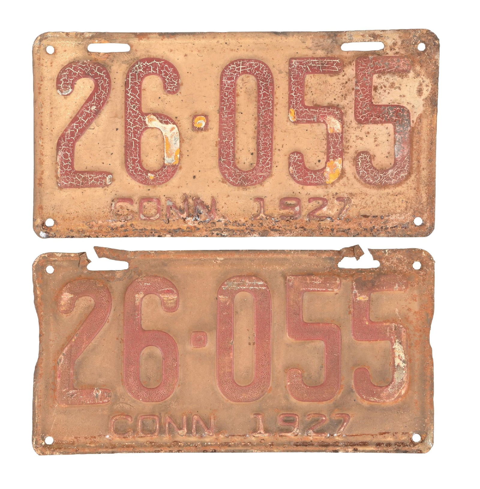 COLLECTION OF 2: 26-055 CONN. 1927 EMBOSSED TIN LICENSE PLATES (1 of 2)