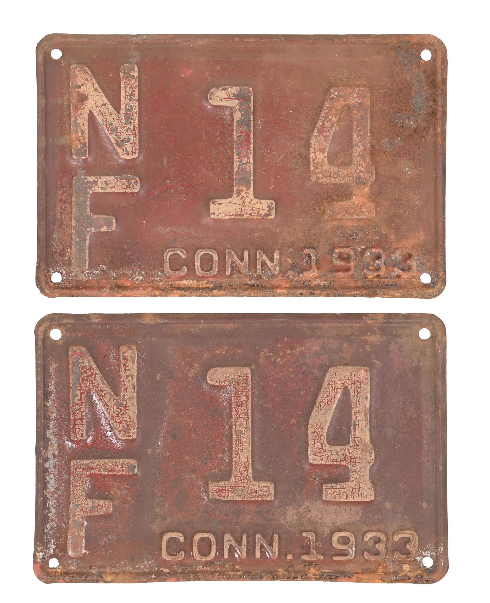 COLLECTION OF 2: NF 14 CONN. 1933 EMBOSSED TIN LICENSE PLATES (1 of 2)