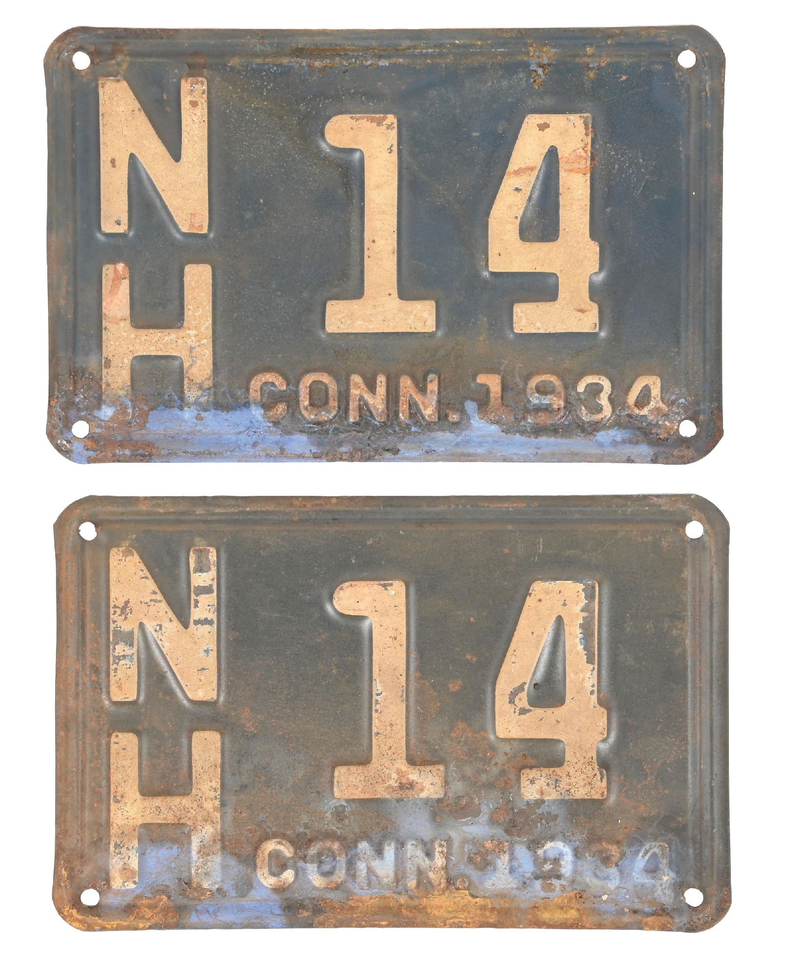 COLLECTION OF 2: NH 14 CONNECTICUT 1934 EMBOSSED TIN LICENSE PLATES (1 of 2)