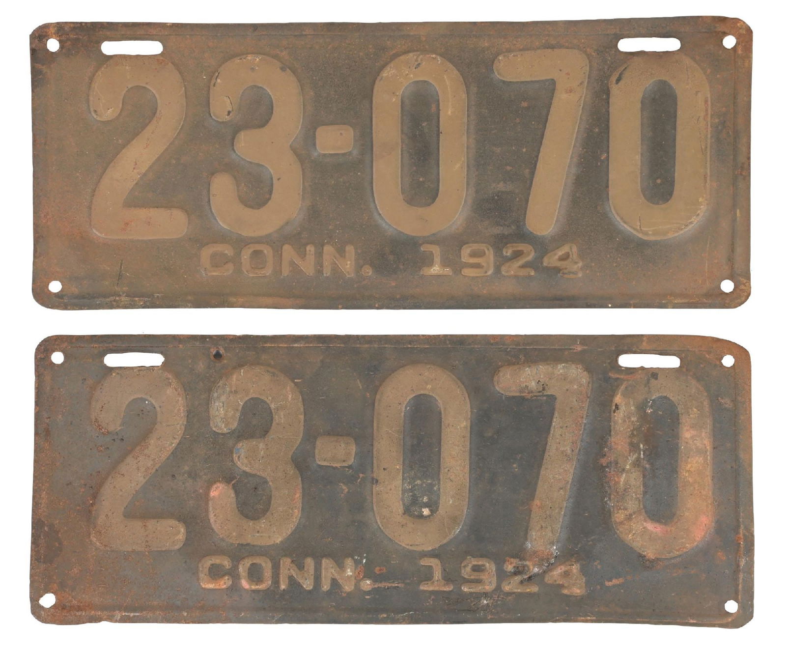 COLLECTION OF 2: 23-070 CONN. 1924 EMBOSSED TIN LICENSE PLATES: Collection Consists Of: Pair of two matching number embossed tin license plates for Connecticut 1924. CONDITION: Each in fair condition, showing general age and surface wear, as well as some surface r