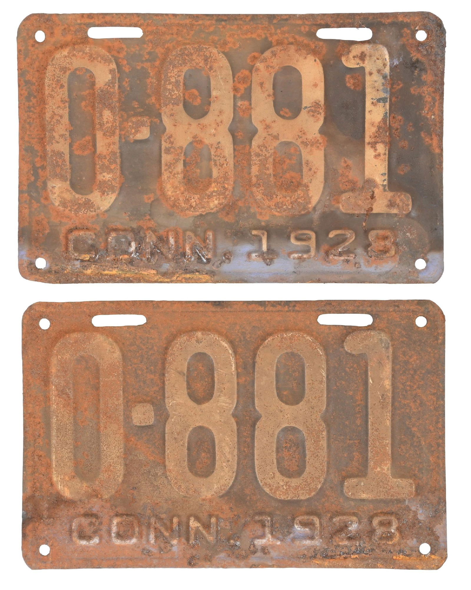 COLLECTION OF 2: 0-881 CONN. 1928 EMBOSSED TIN LICENSE PLATES: Collection Consists Of: Pair of two matching number embossed tin license plates for Connecticut 1928. CONDITION: Each in fair condition, showing general age and surface wear, as well as some surface r