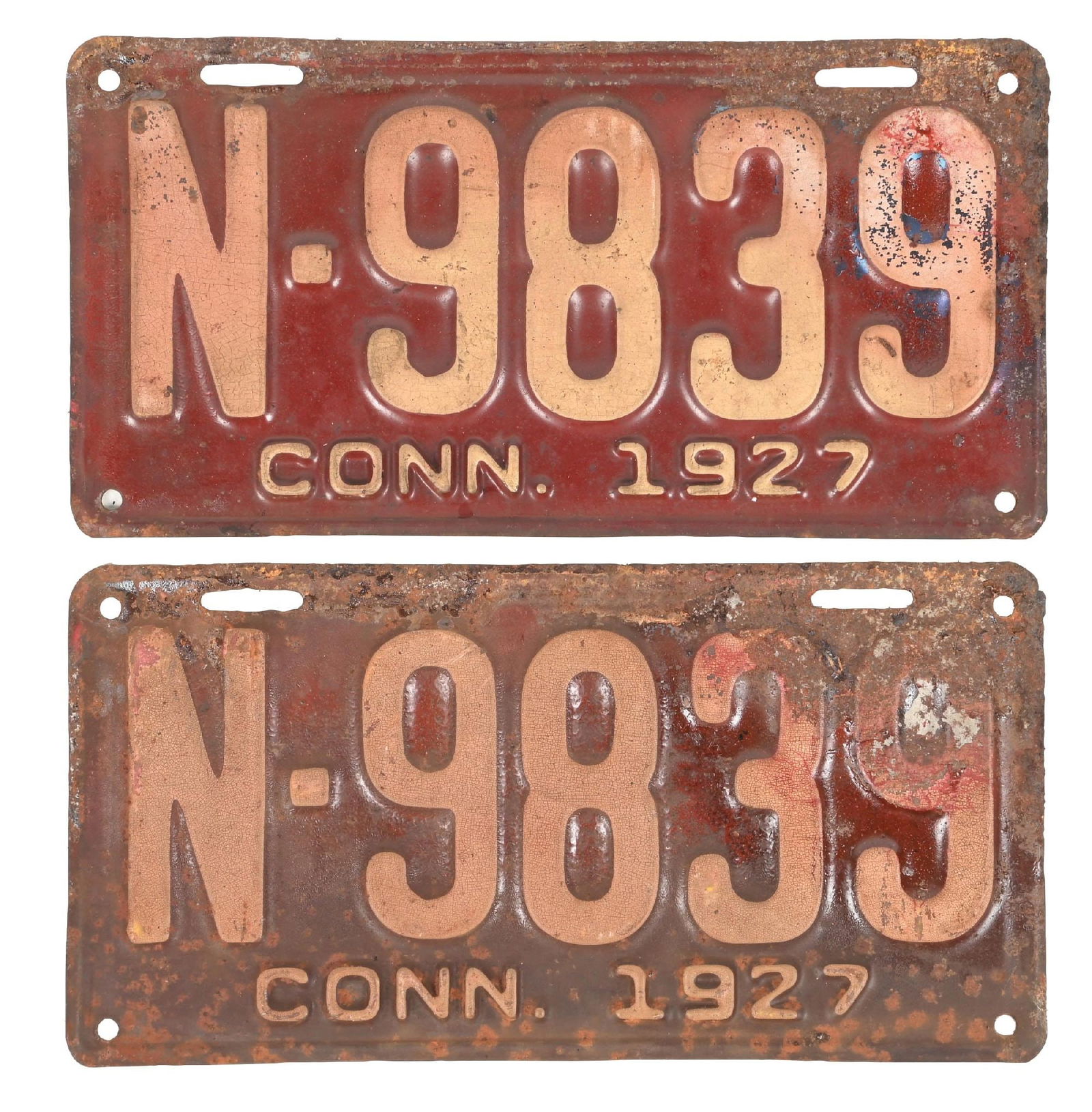 COLLECTION OF 2: N-9839 CONN. 1927 EMBOSSED TIN LICENSE PLATES (1 of 2)