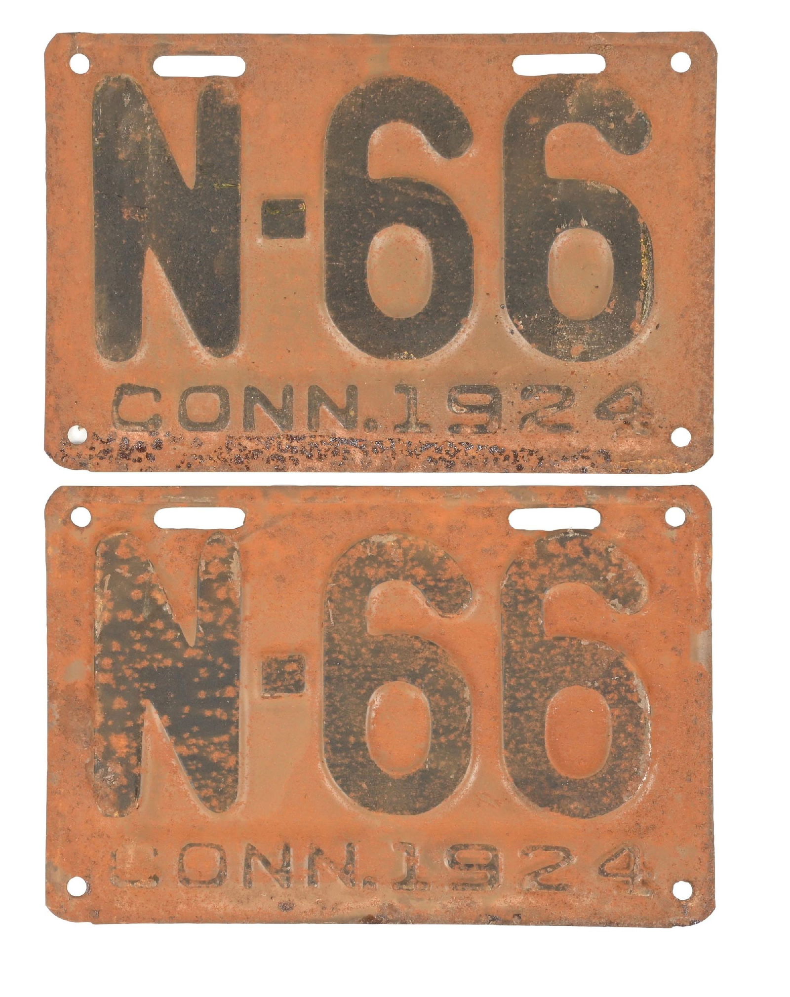 COLLECTION OF 2: N-66 CONN. 1924 EMBOSSED TIN LICENSE PLATES: Collection Consists Of: Pair of two matching number embossed tin license plates for Connecticut 1924. CONDITION: Each in fair condition, showing general age and surface wear, as well as some surface r