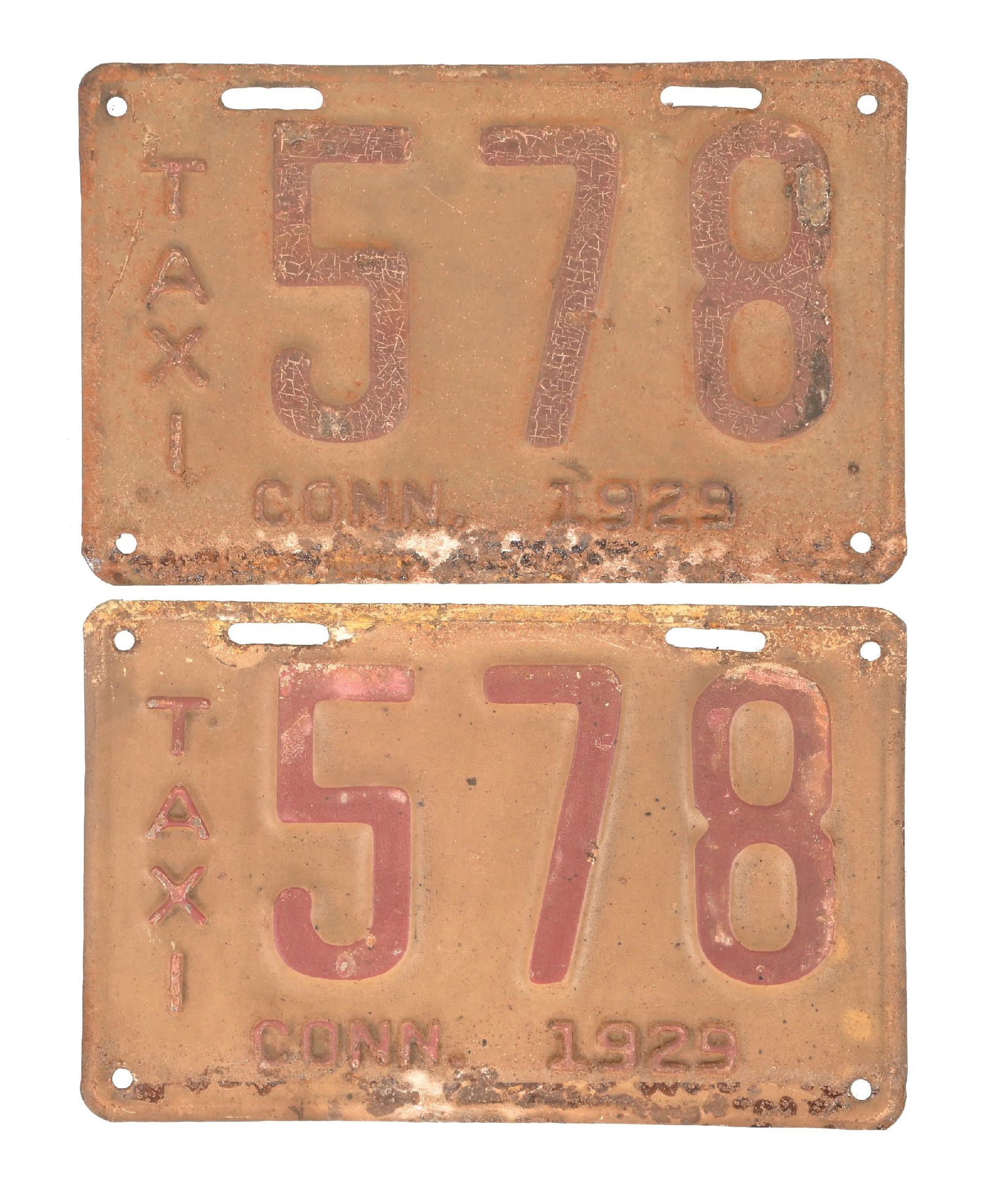 COLLECTION OF 2: 578 CONN. 1929 EMBOSSED TIN TAXI LICENSE PLATES: Collection Consists Of: Pair of two matching number embossed tin taxi license plates for Connecticut 1929. CONDITION: Each in fair condition, showing general age and surface wear with a nice crackling
