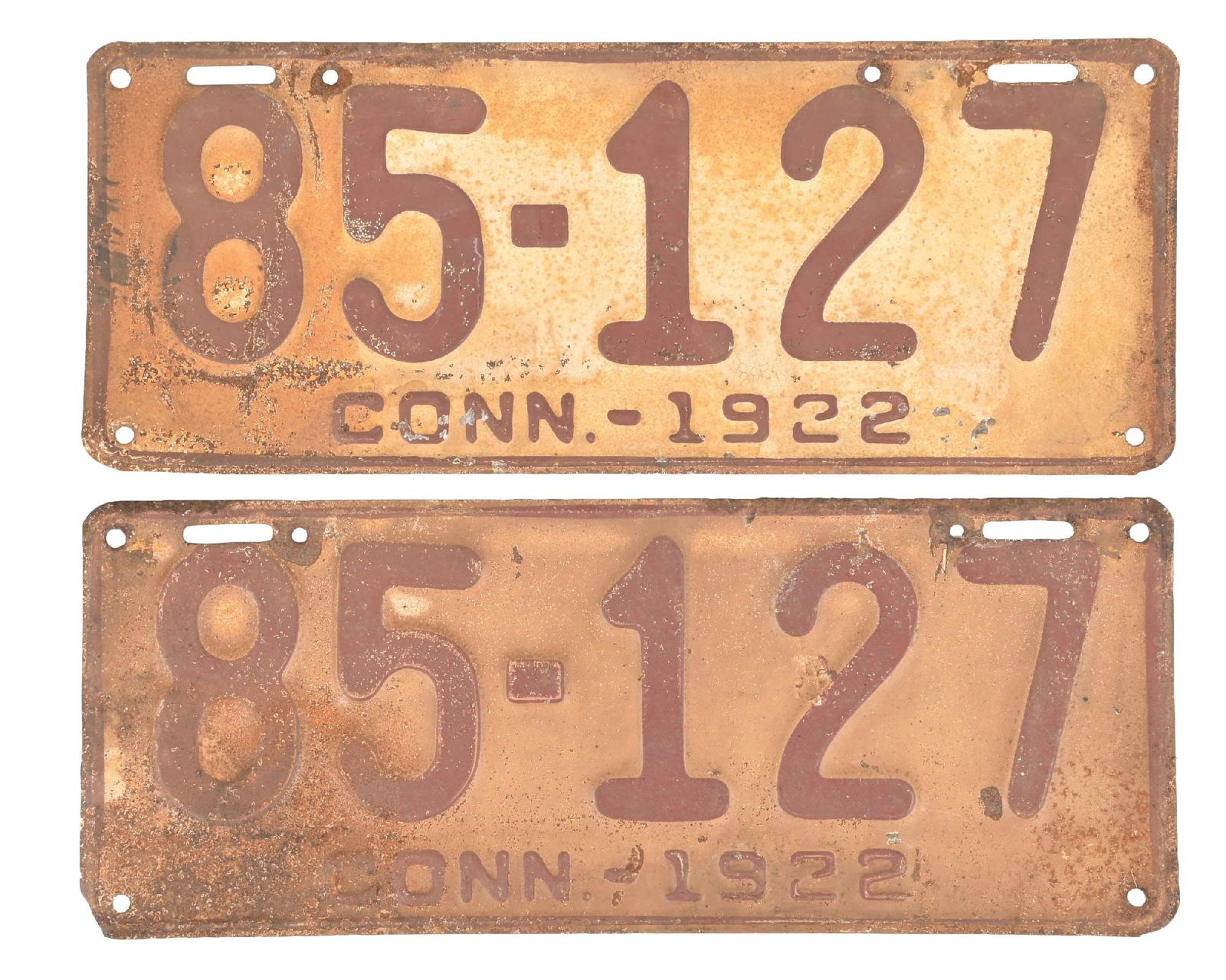 COLLECTION OF 2: 85-127 CONN. 1922 EMBOSSED TIN LICENSE PLATES: Collection Consists Of: Pair of two matching number embossed tin license plates for Connecticut 1922. CONDITION: Each in fair condition, showing general age and surface wear, as well as some minor sha