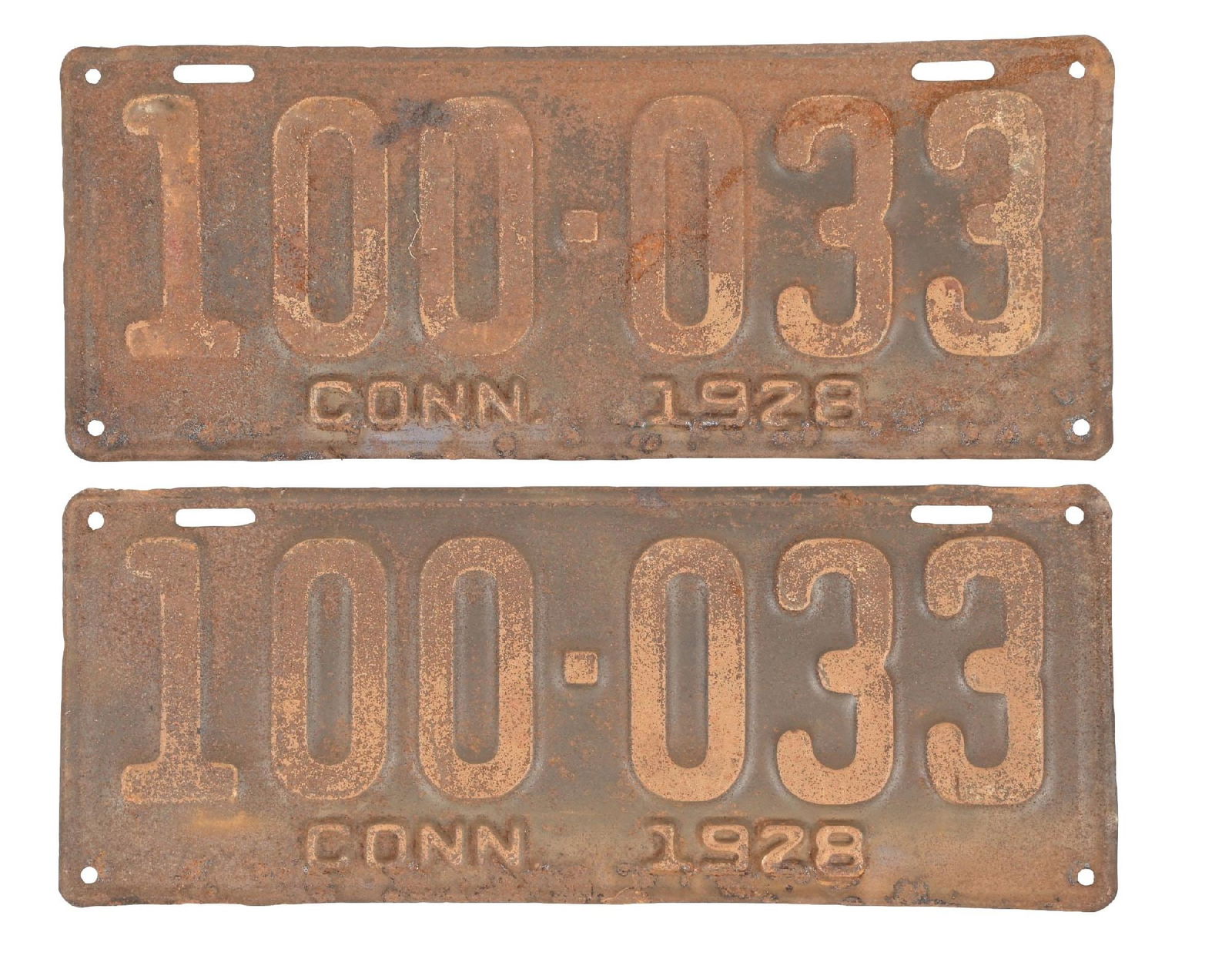 COLLECTION OF 2: 100-033 CONN. 1928 EMBOSSED TIN LICENSE PLATES (1 of 2)