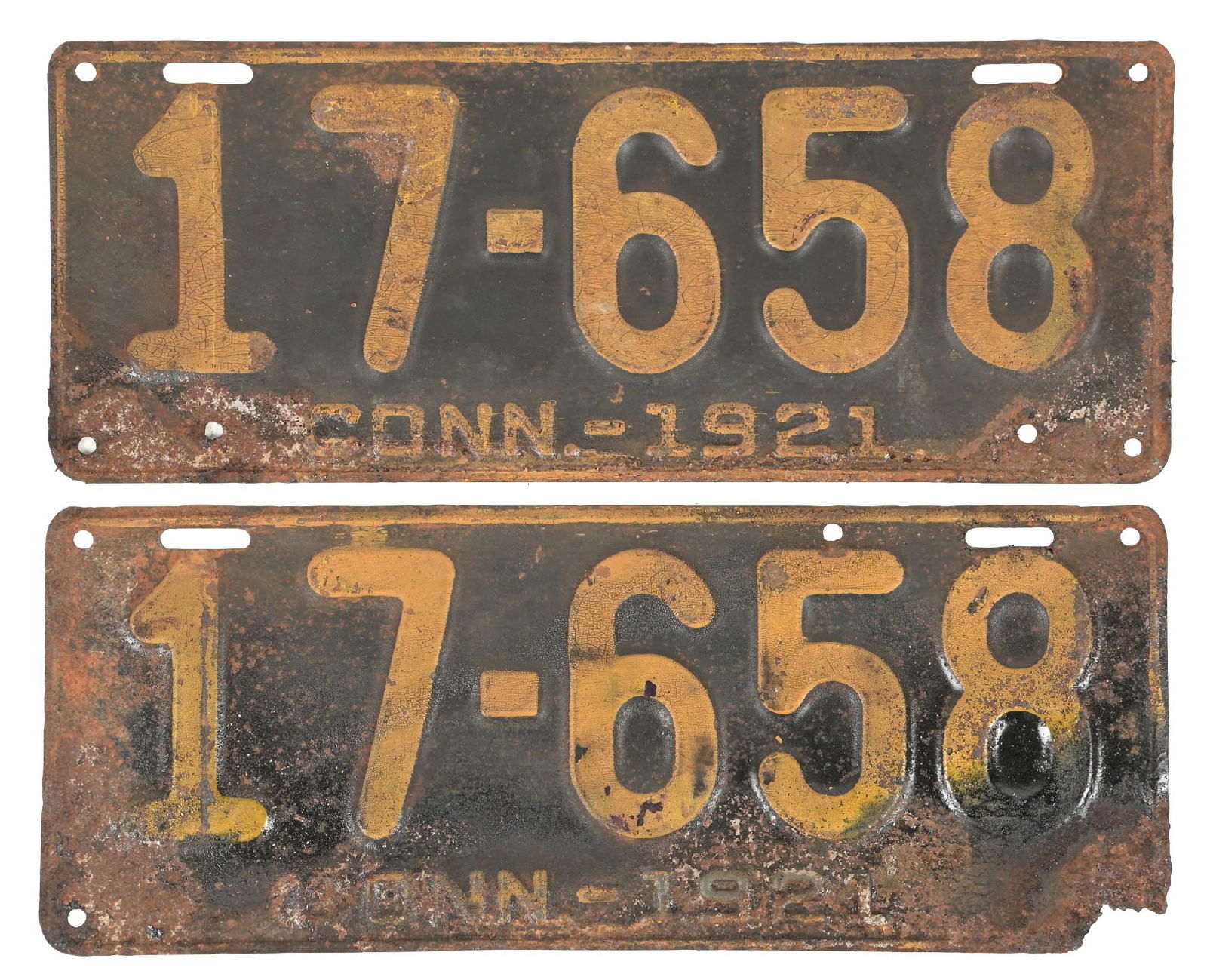 COLLECTION OF 2: 17-658 CONN. 1921 EMBOSSED TIN LICENSE PLATES: Collection Consists Of: Pair of two matching number embossed tin license plates for Connecticut 1921. CONDITION: Each in fair condition, showing general age and surface wear as well as some surface ru