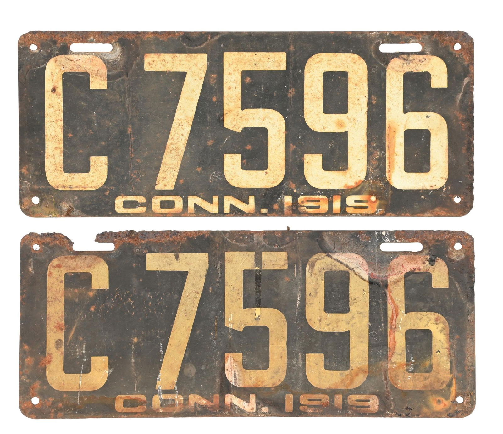 COLLECTION OF 2: C 7596 CONN. 1919 TIN LICENSE PLATES: Collection Consists Of: Pair of two matching number painted tin license plates for Connecticut 1919. CONDITION: Each in fair condition, showing general age and surface wear, as well as some surface ru